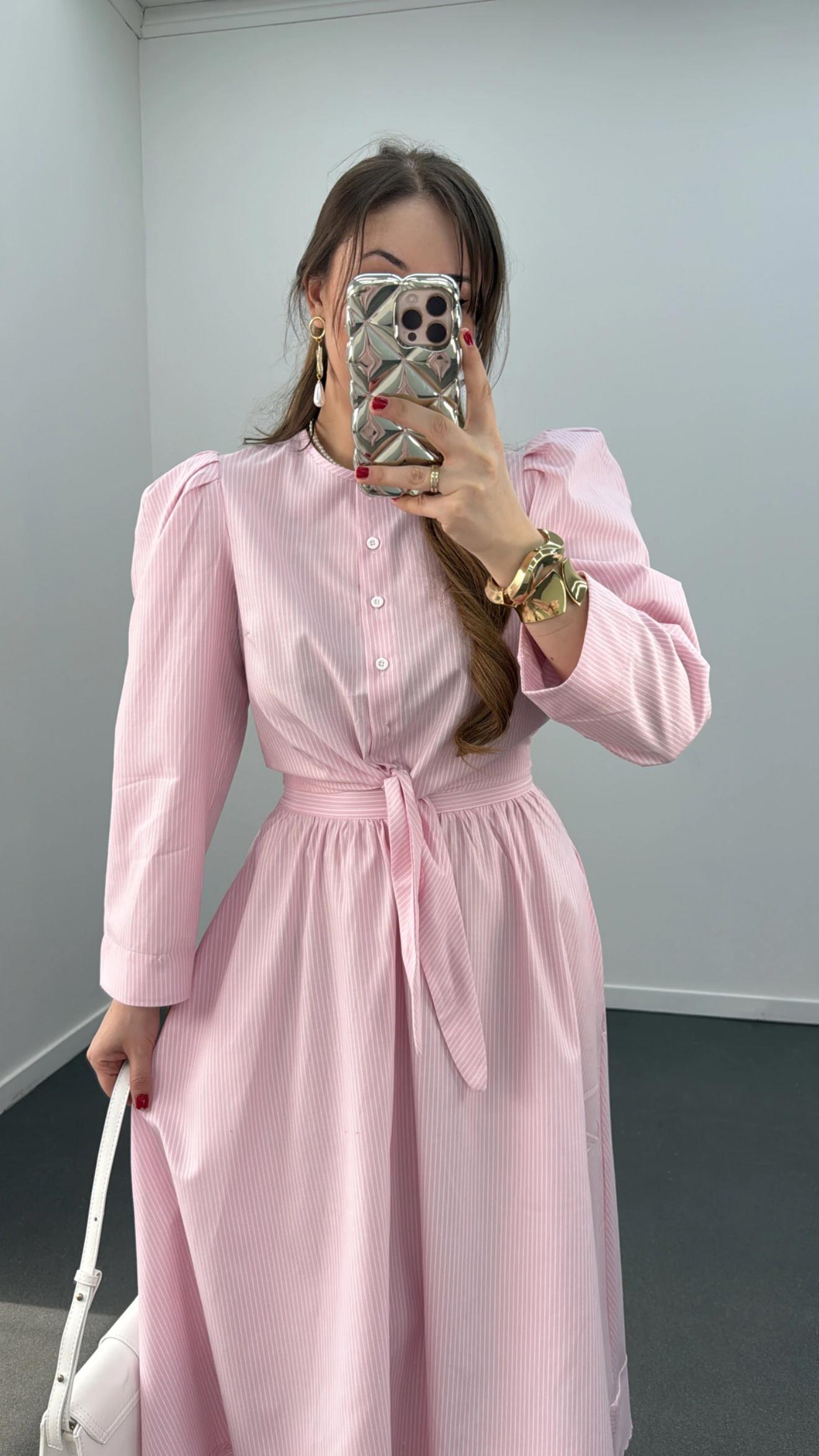 Saghar Pembe Çizgili Karpuz Kol Gömlek Ve Midi Etek Takımı