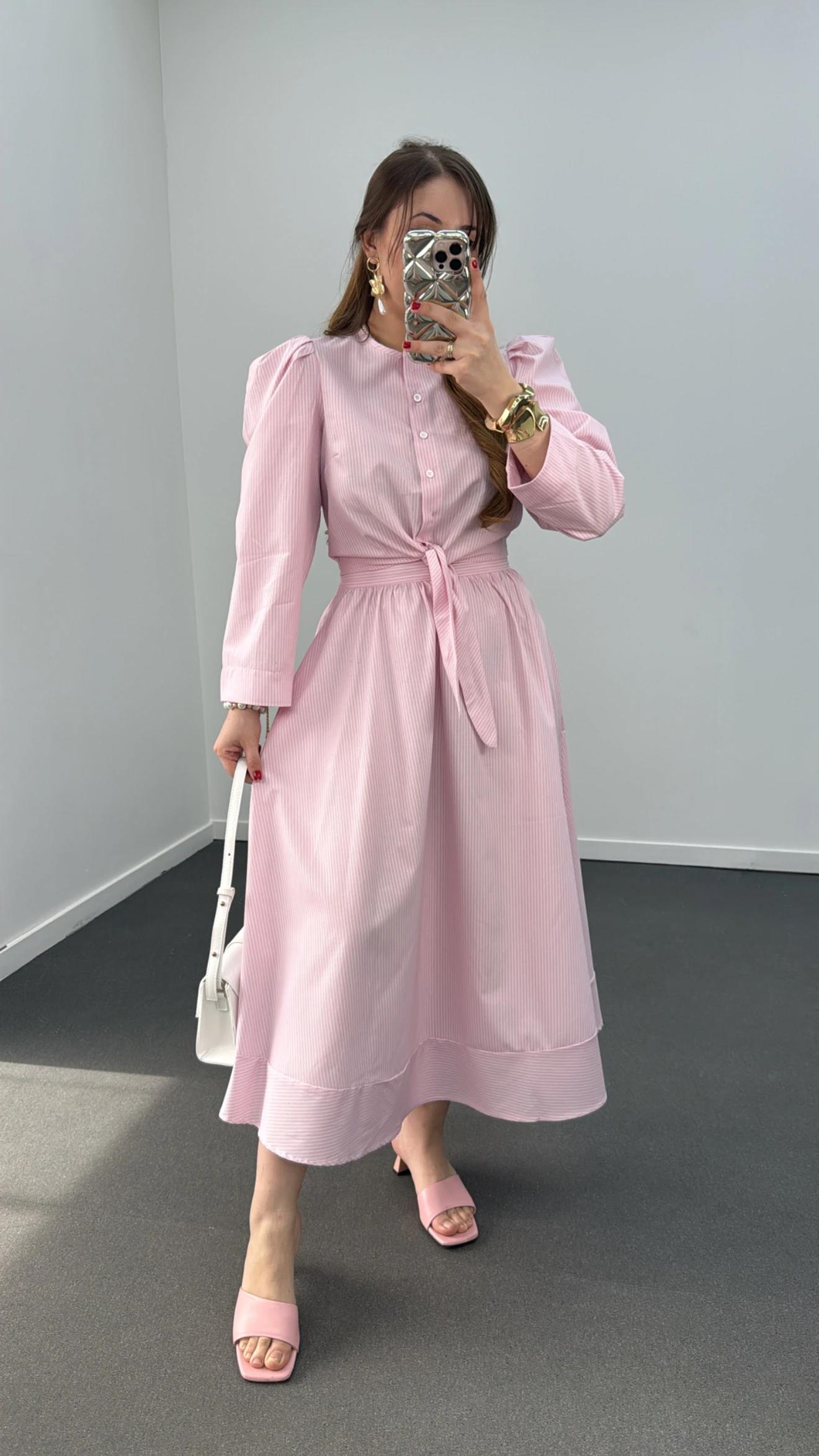 Saghar Pembe Çizgili Karpuz Kol Gömlek Ve Midi Etek Takımı