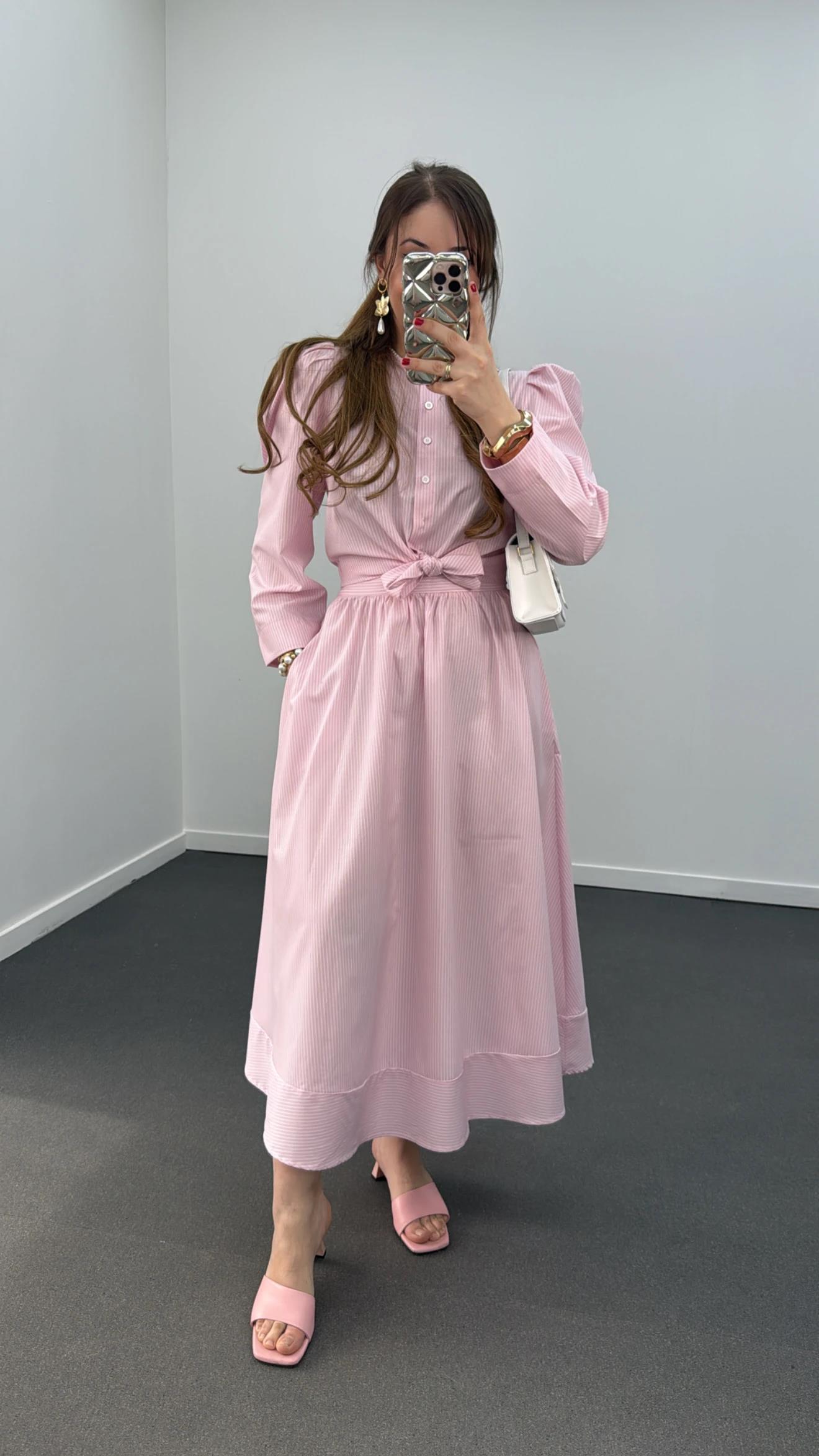 Saghar Pembe Çizgili Karpuz Kol Gömlek Ve Midi Etek Takımı