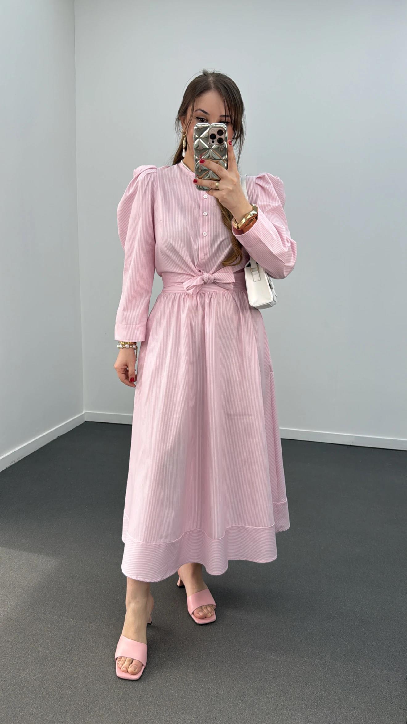 Saghar Pembe Çizgili Karpuz Kol Gömlek Ve Midi Etek Takımı