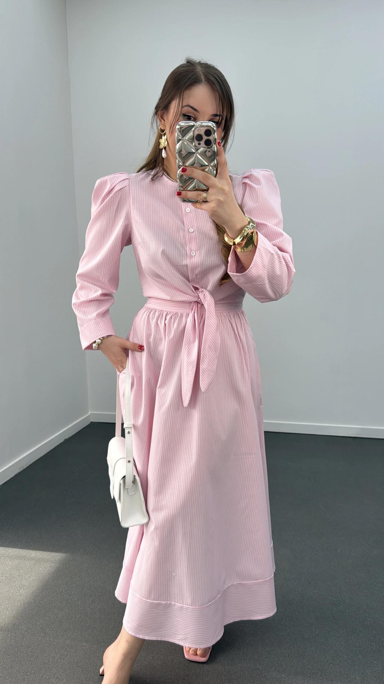 Saghar Pembe Çizgili Karpuz Kol Gömlek Ve Midi Etek Takımı