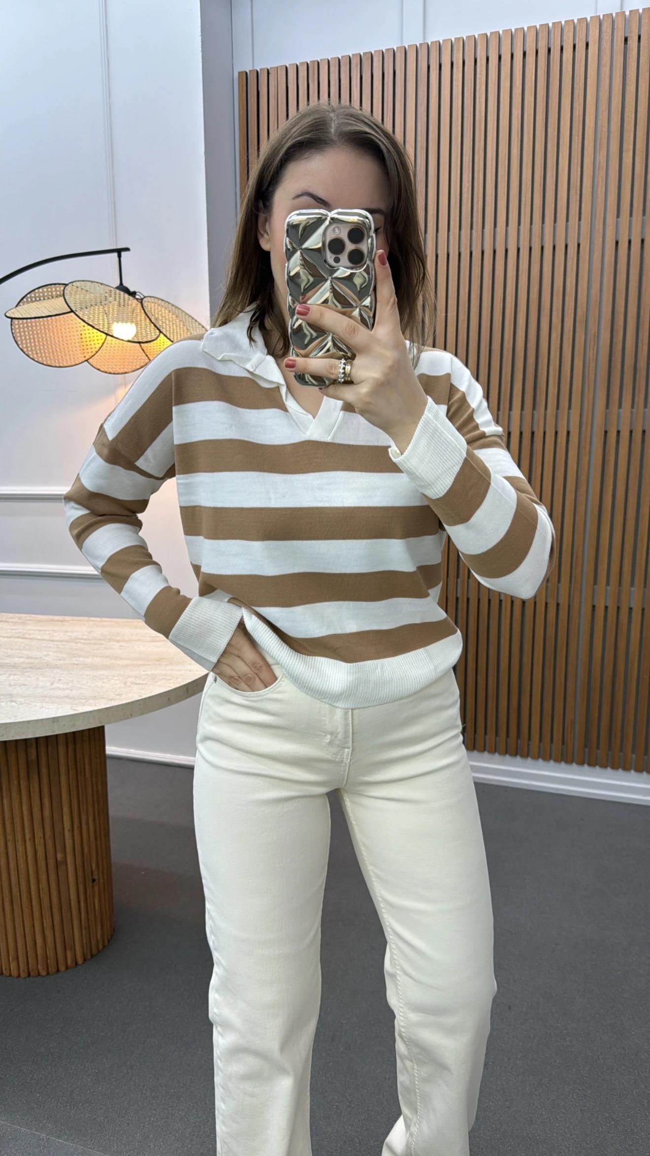 Salome Kahve Çizgili Polo Yaka Triko