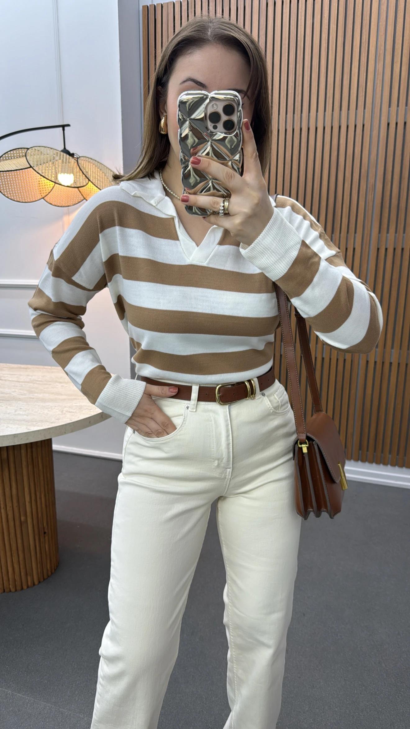 Salome Kahve Çizgili Polo Yaka Triko