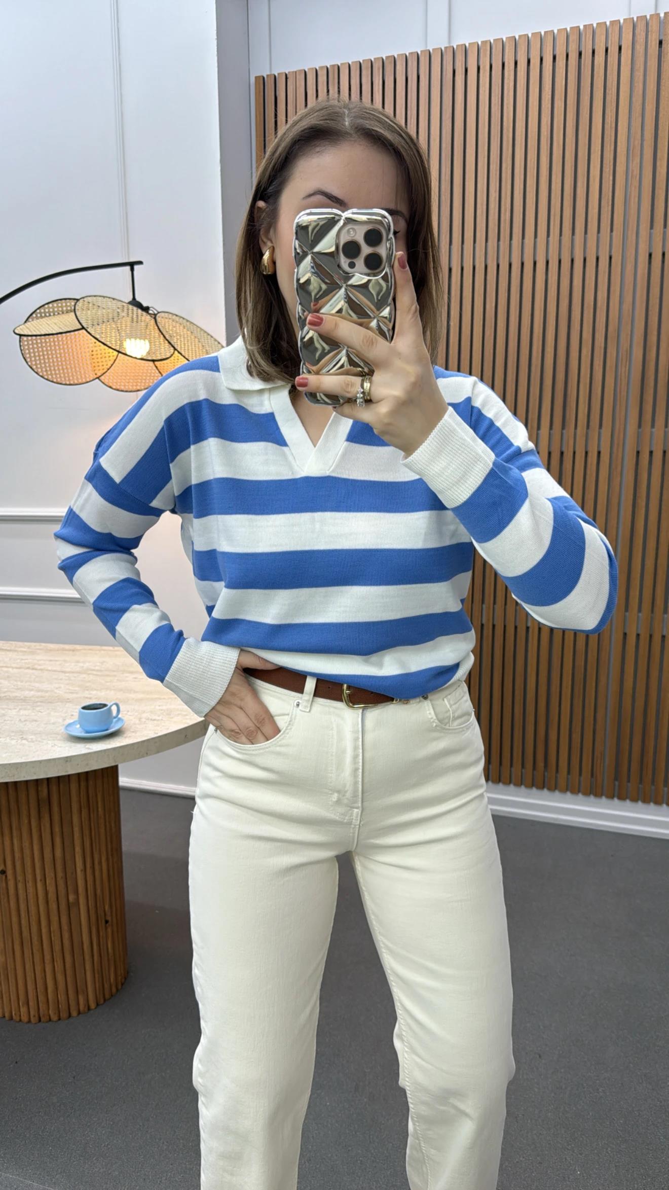 Salome Mavi Çizgili Polo Yaka Triko