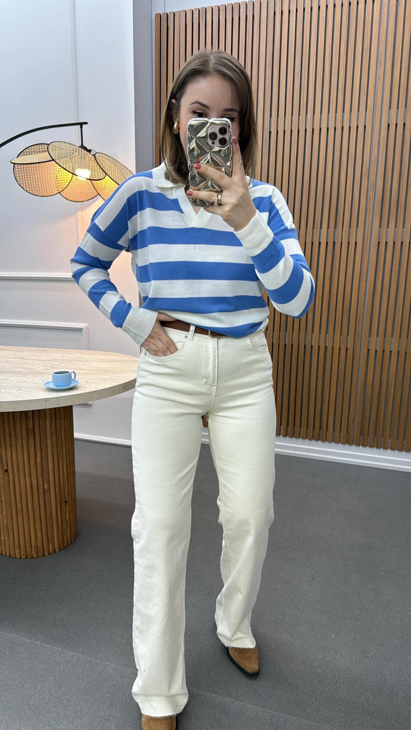 Salome Mavi Çizgili Polo Yaka Triko