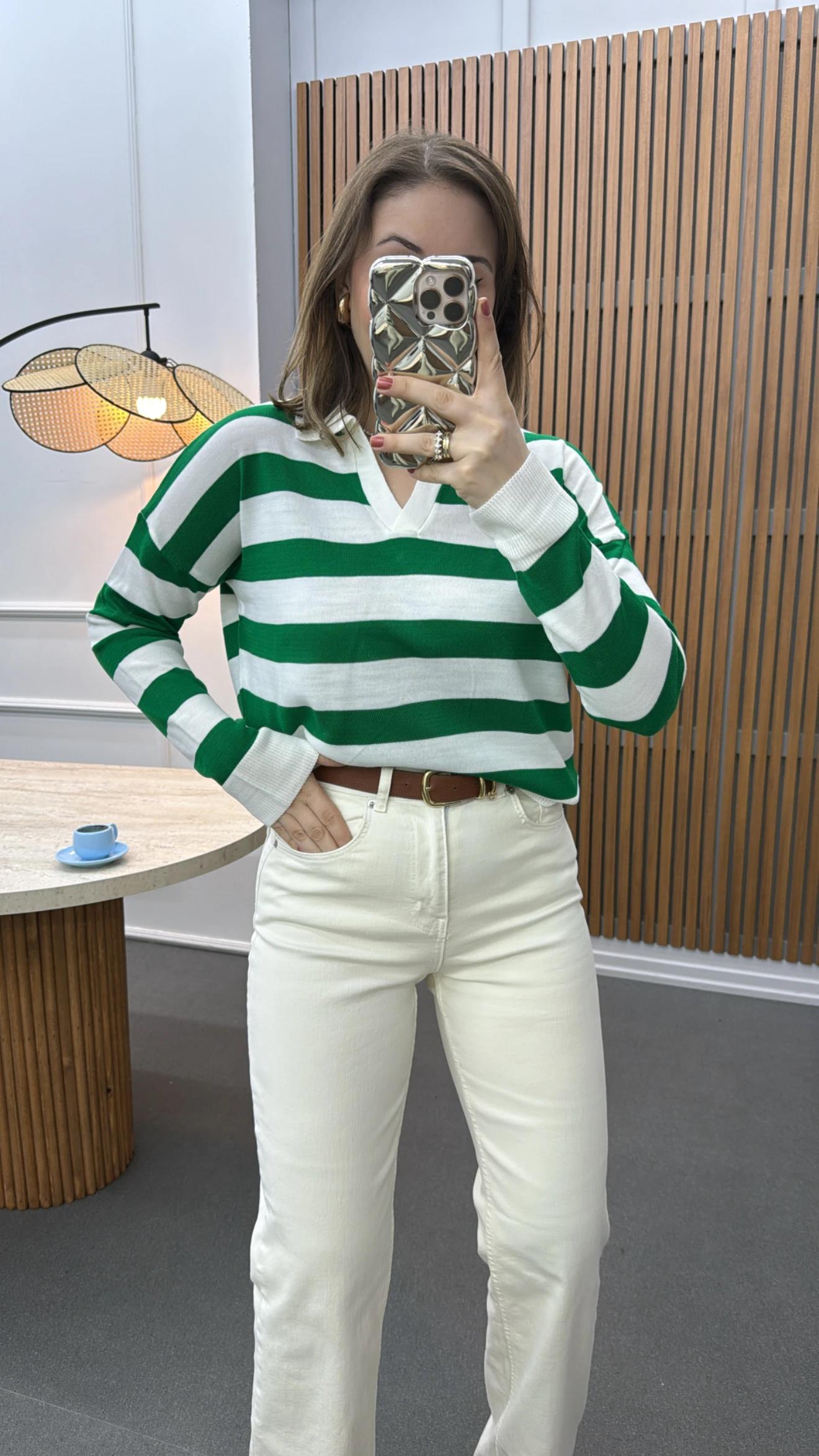 Salome Yeşil Çizgili Polo Yaka Triko