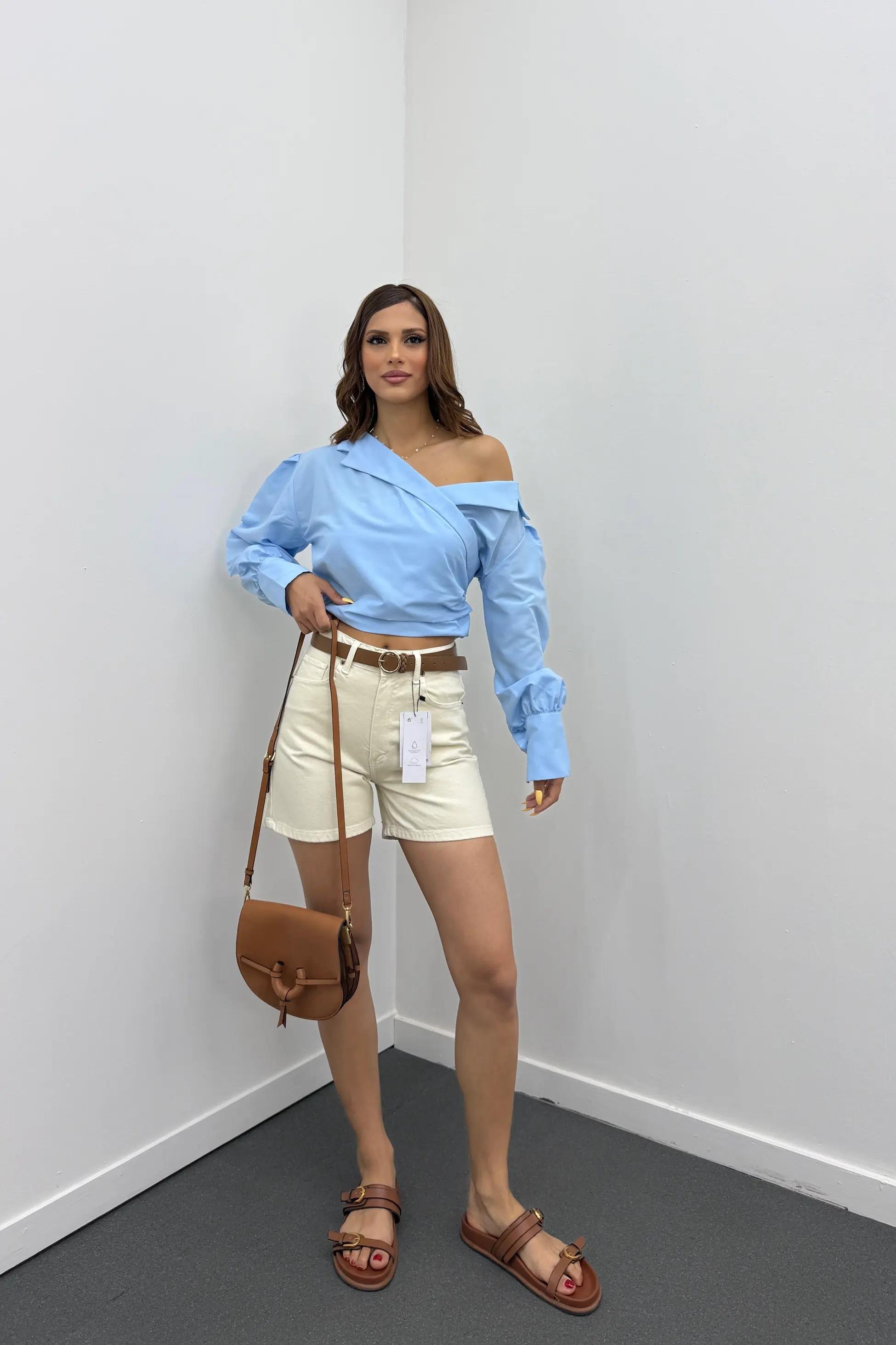 Samira Ekru Yüksel Bel Kot Şort