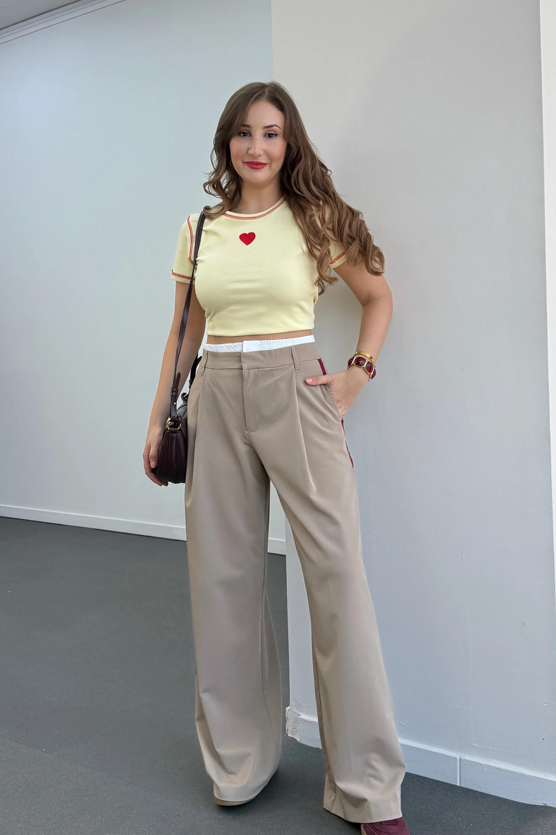 Sanaz Bej Bordo Şeritli Bel Detaylı Palazzo Pantolon