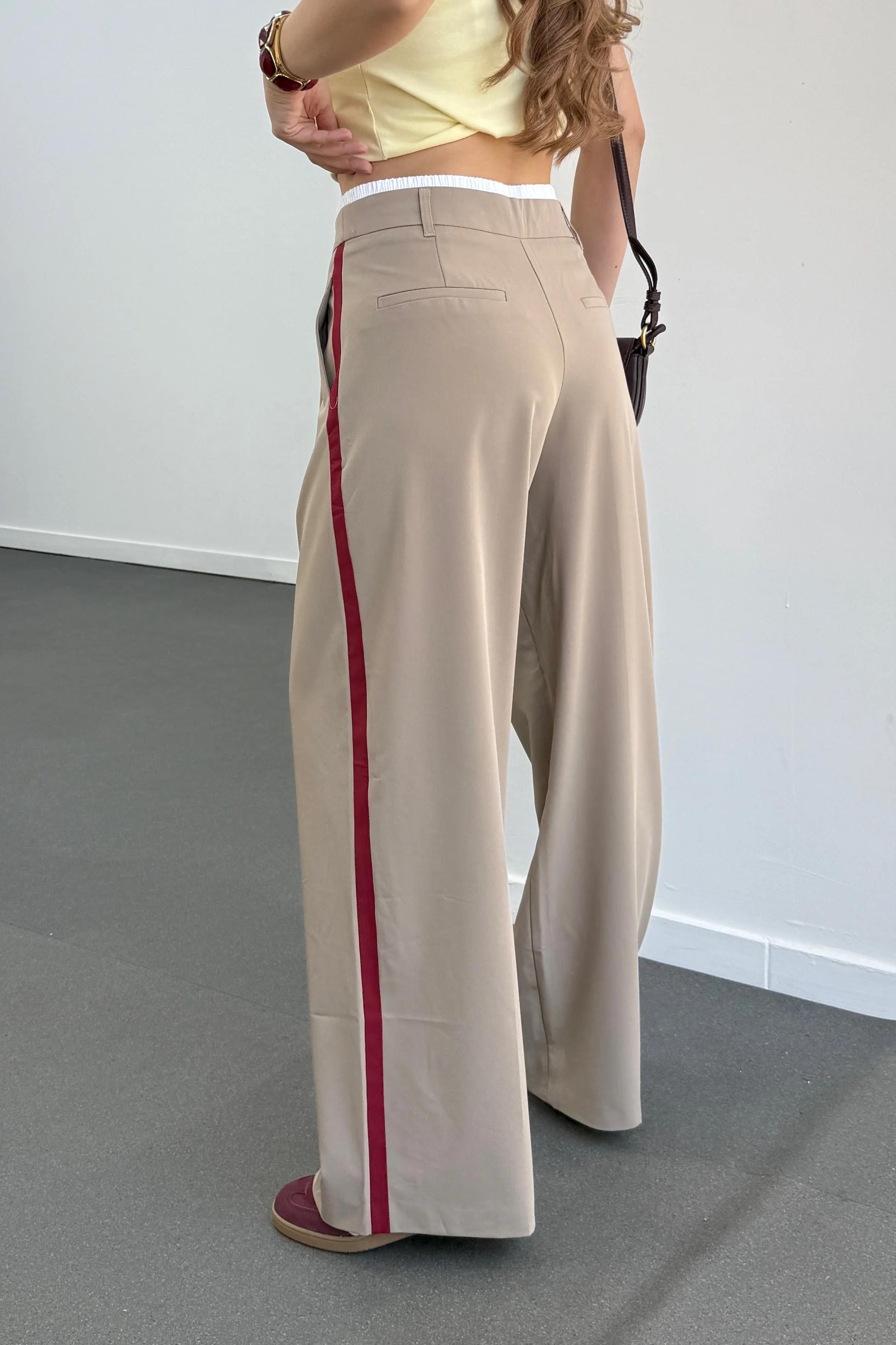 Sanaz Bej Bordo Şeritli Bel Detaylı Palazzo Pantolon