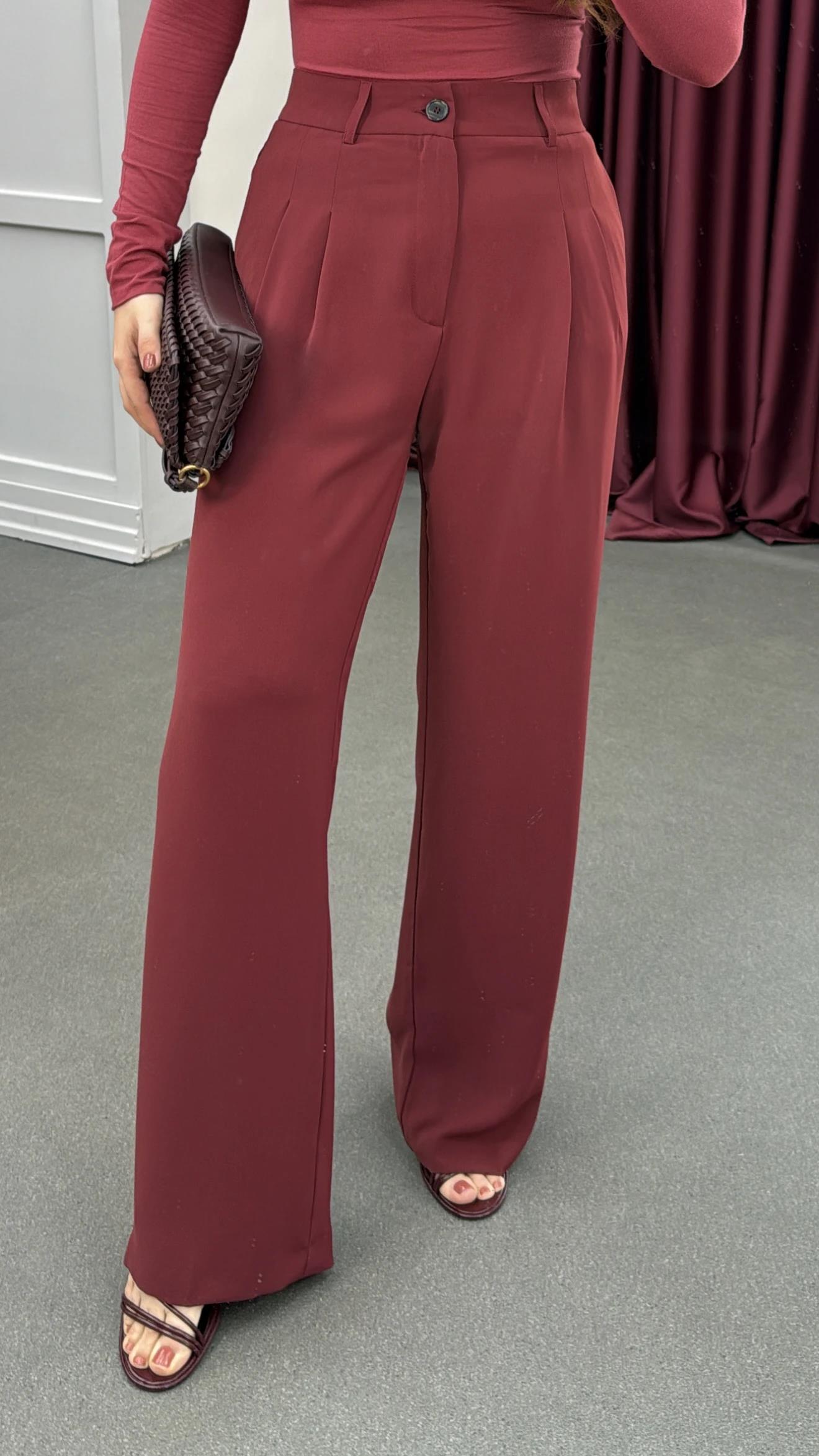 Şanrah Bordo Çift Pileli Palazzo Pantolon