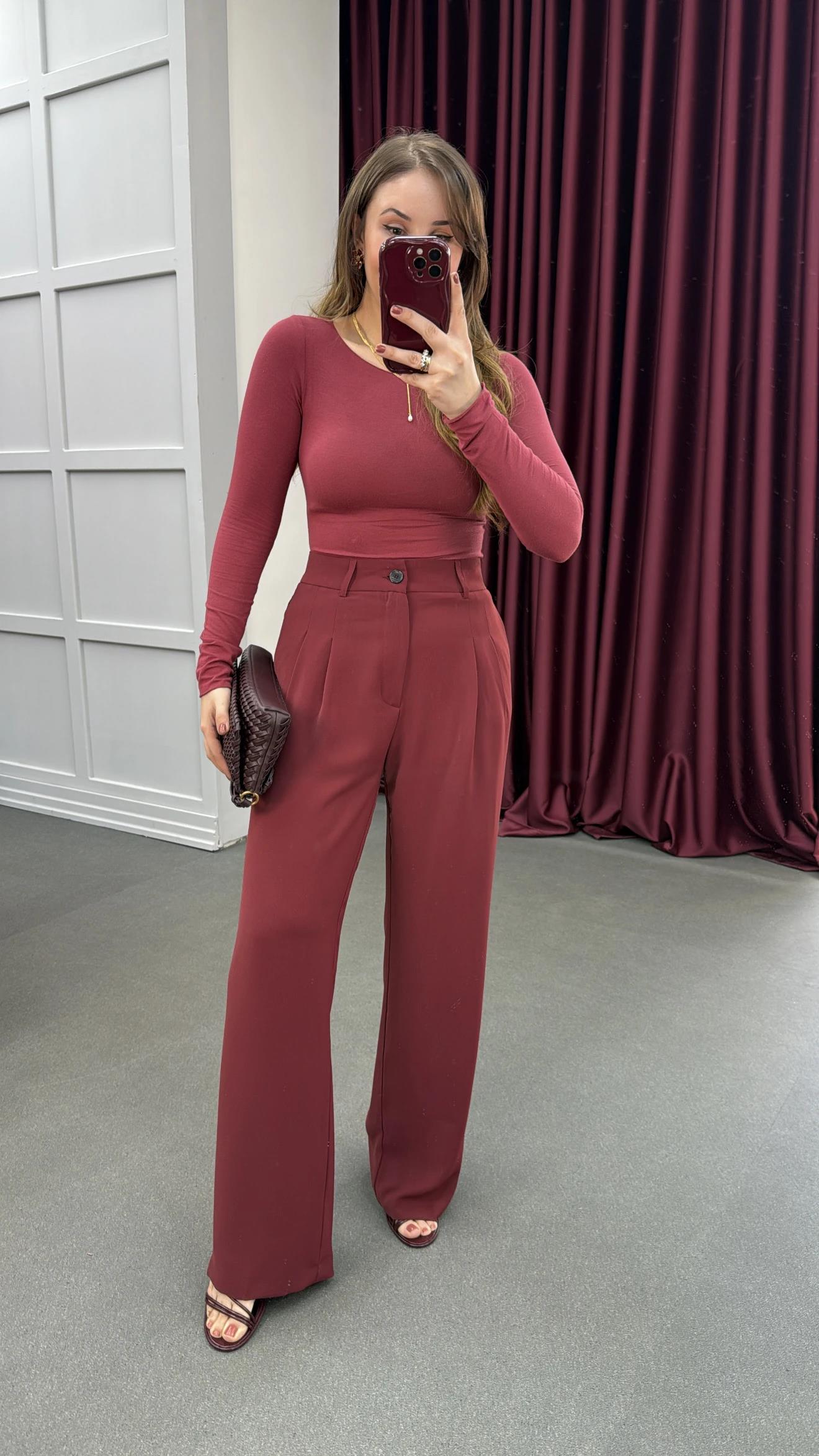 Şanrah Bordo Çift Pileli Palazzo Pantolon