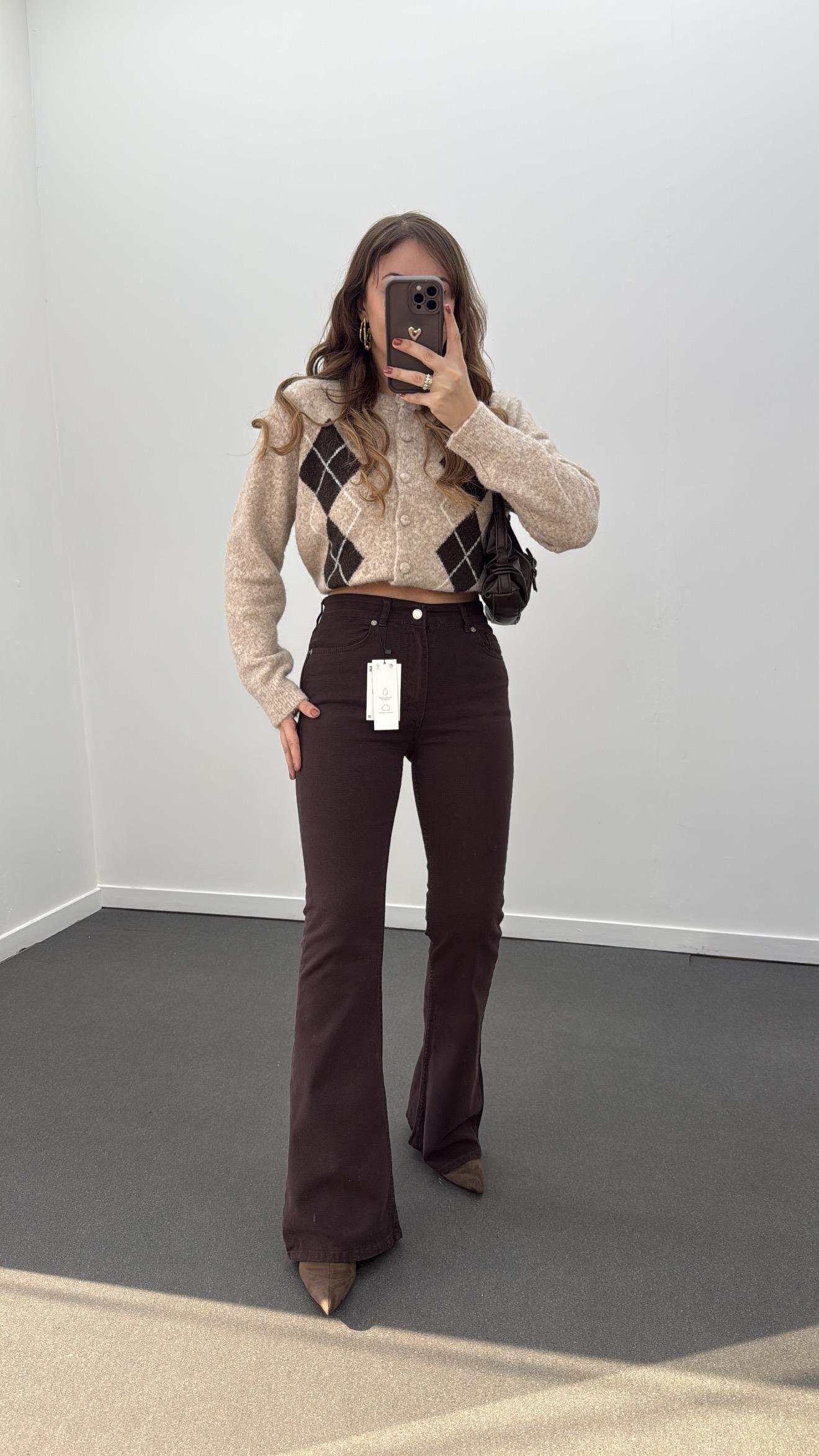 Santorini Çikolata Kahve Yüksek Bel Toparlayıcı Flare Jeans