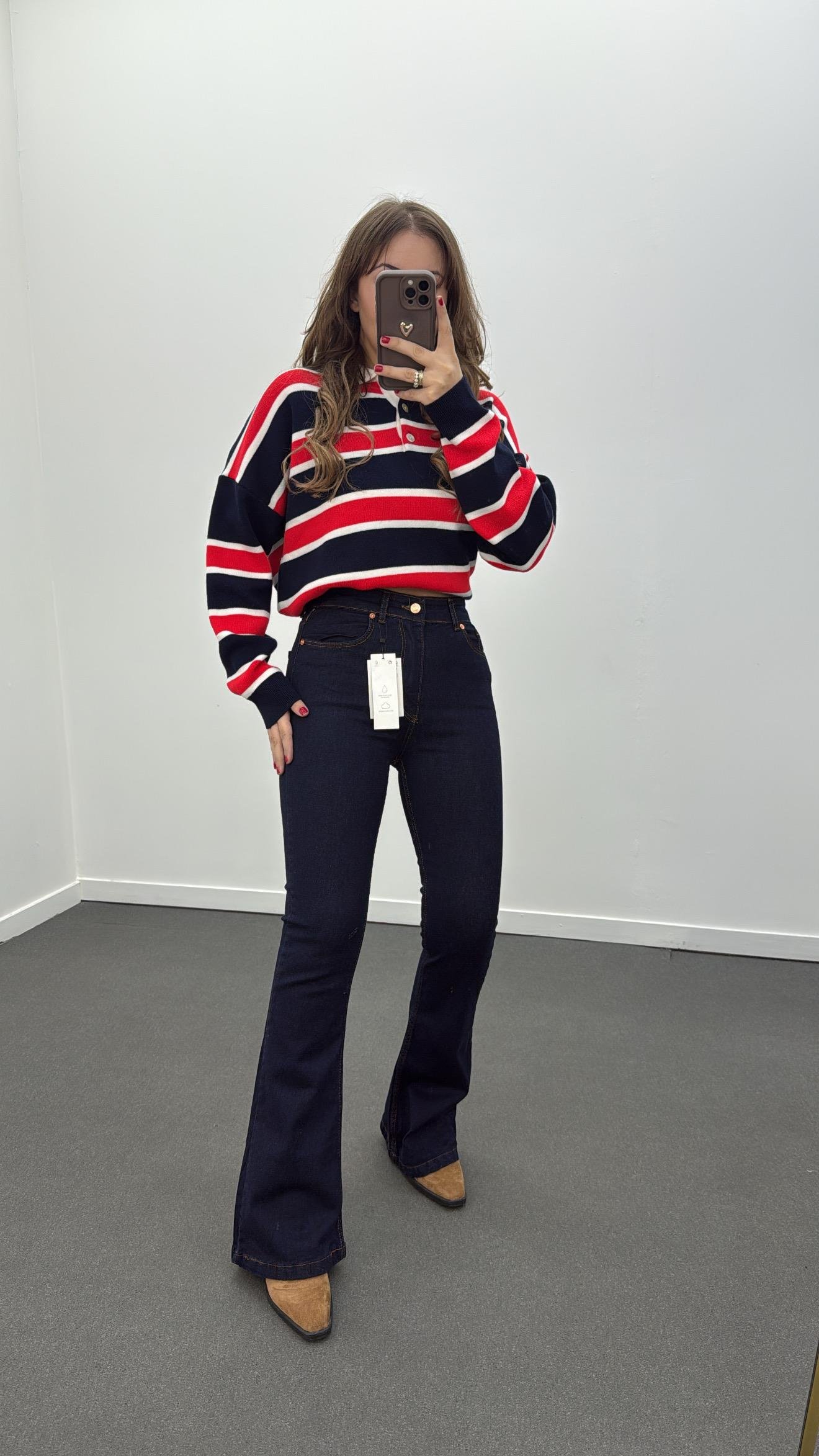 Santorini Dark Blue Yüksek Bel Toparlayıcı Flare Jeans