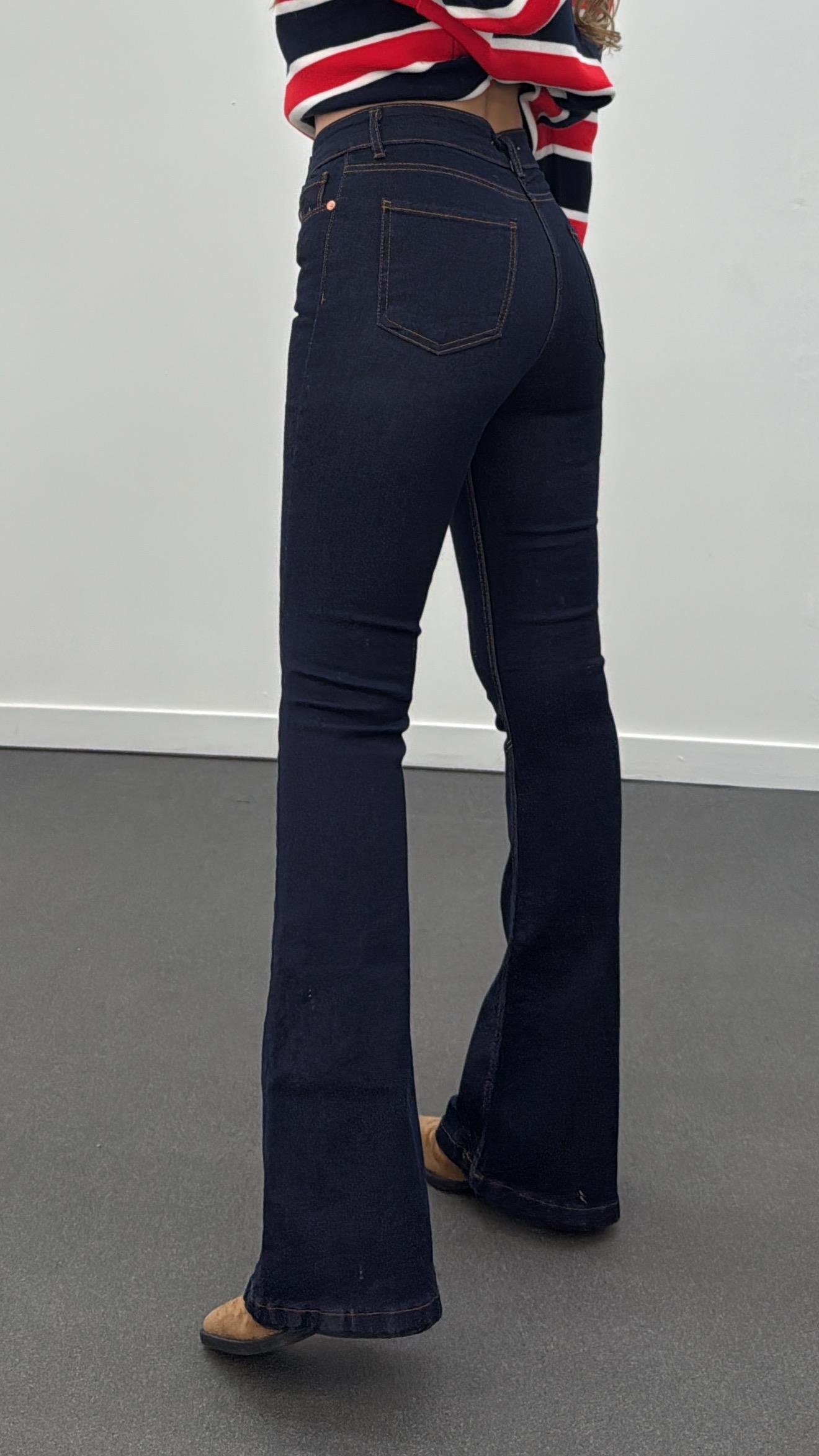 Santorini Dark Blue Yüksek Bel Toparlayıcı Flare Jeans