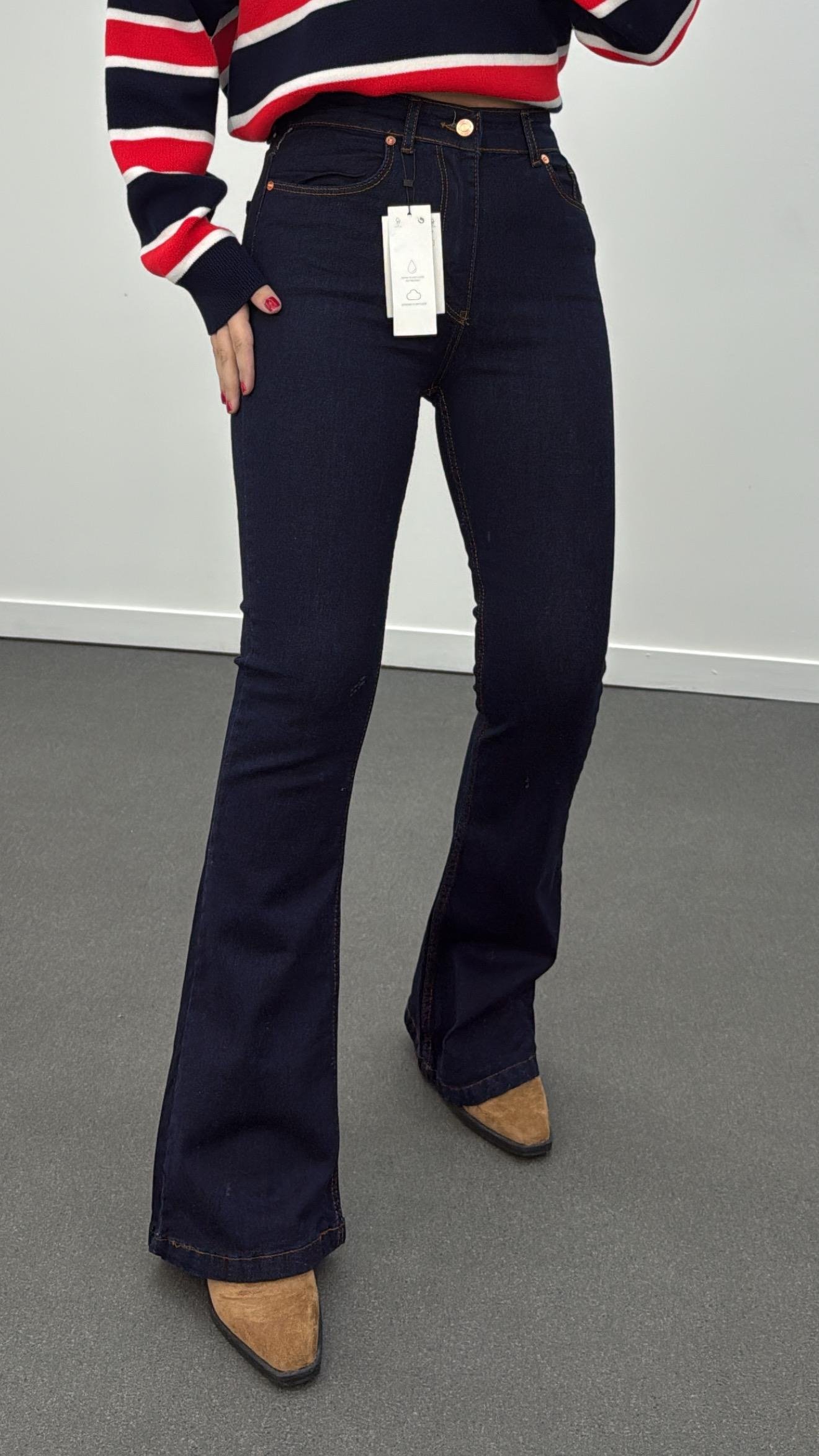 Santorini Dark Blue Yüksek Bel Toparlayıcı Flare Jeans