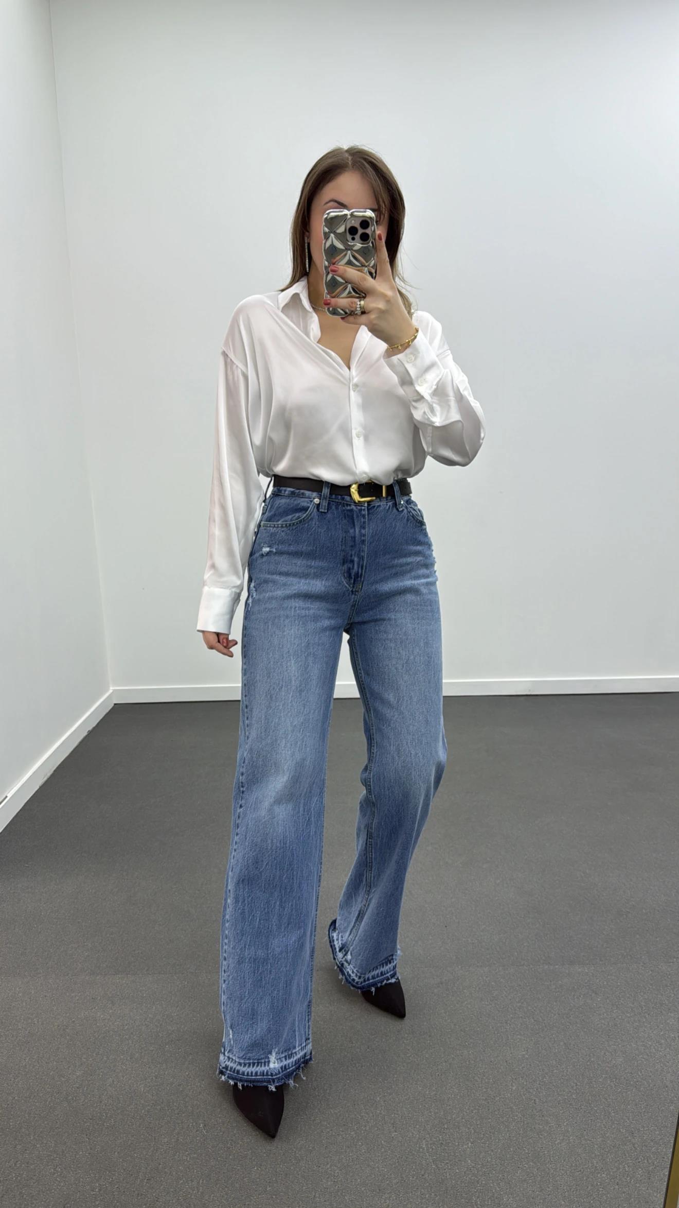 Santos Kot Yıkamalı Straight Wide Leg Jeans
