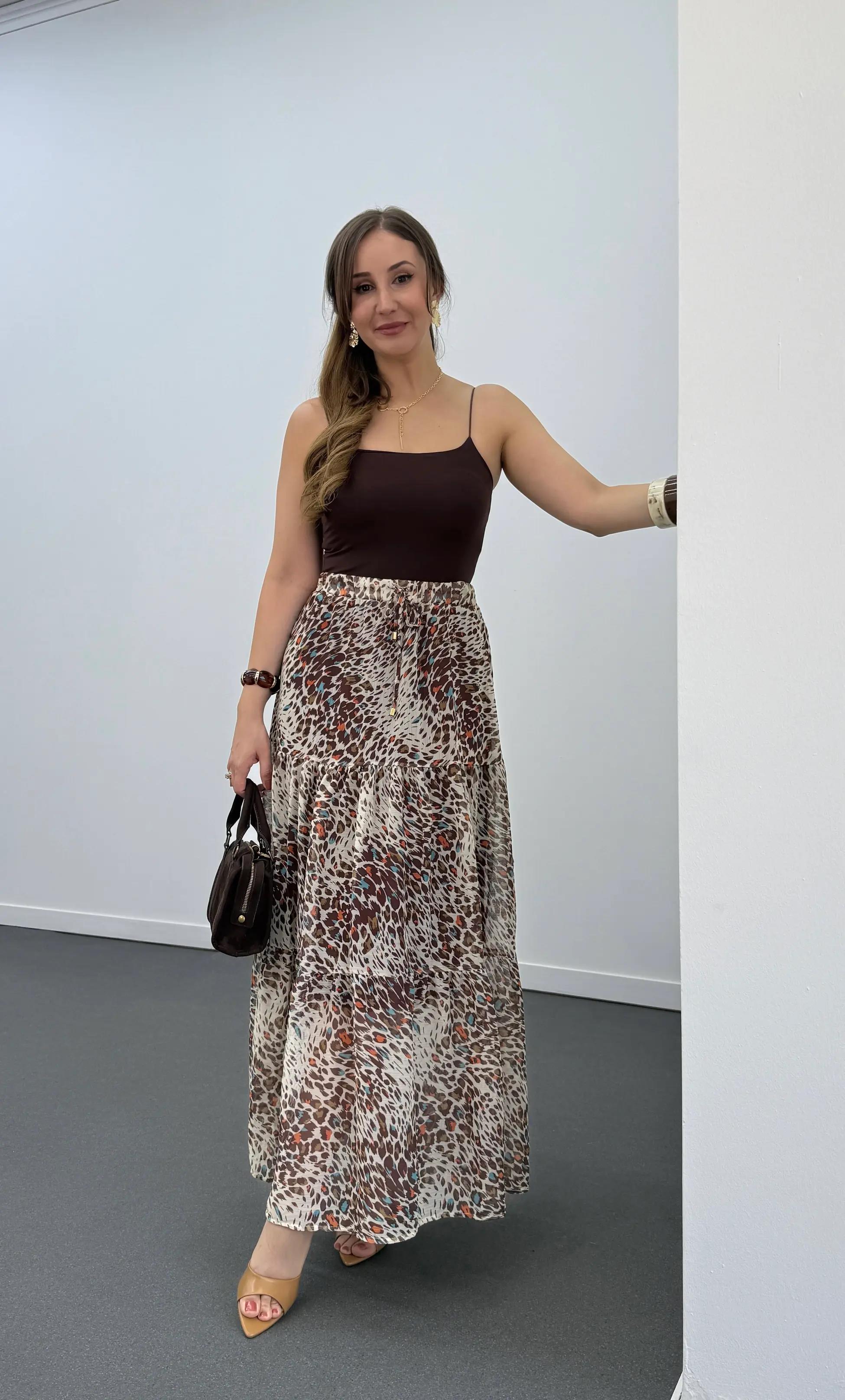 Selis Leopar Desenli Şifon Maxi Etek