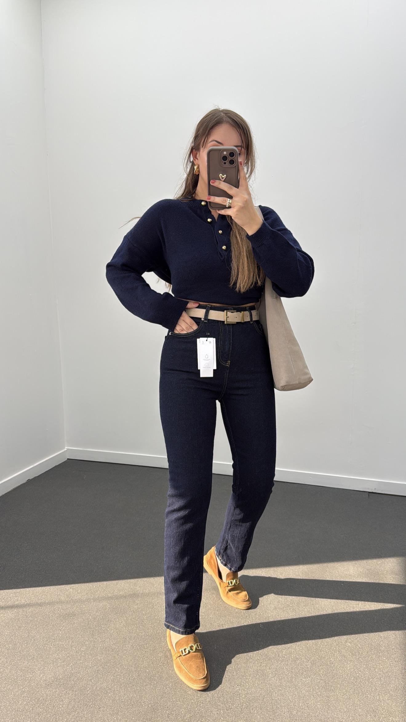 Seul Dark Blue Süper Yüksek Bel Boyfit Jeans