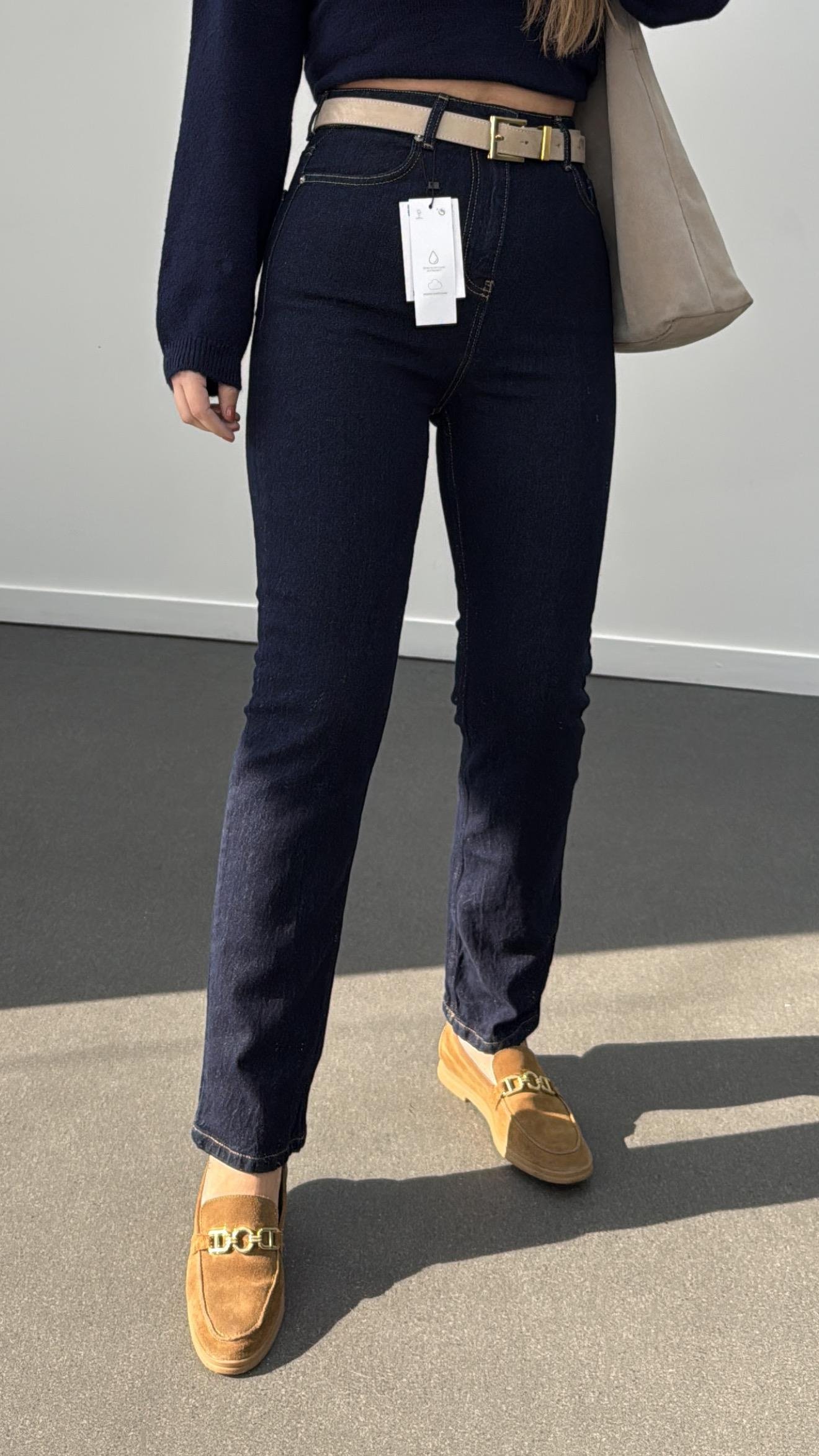 Seul Dark Blue Süper Yüksek Bel Boyfit Jeans