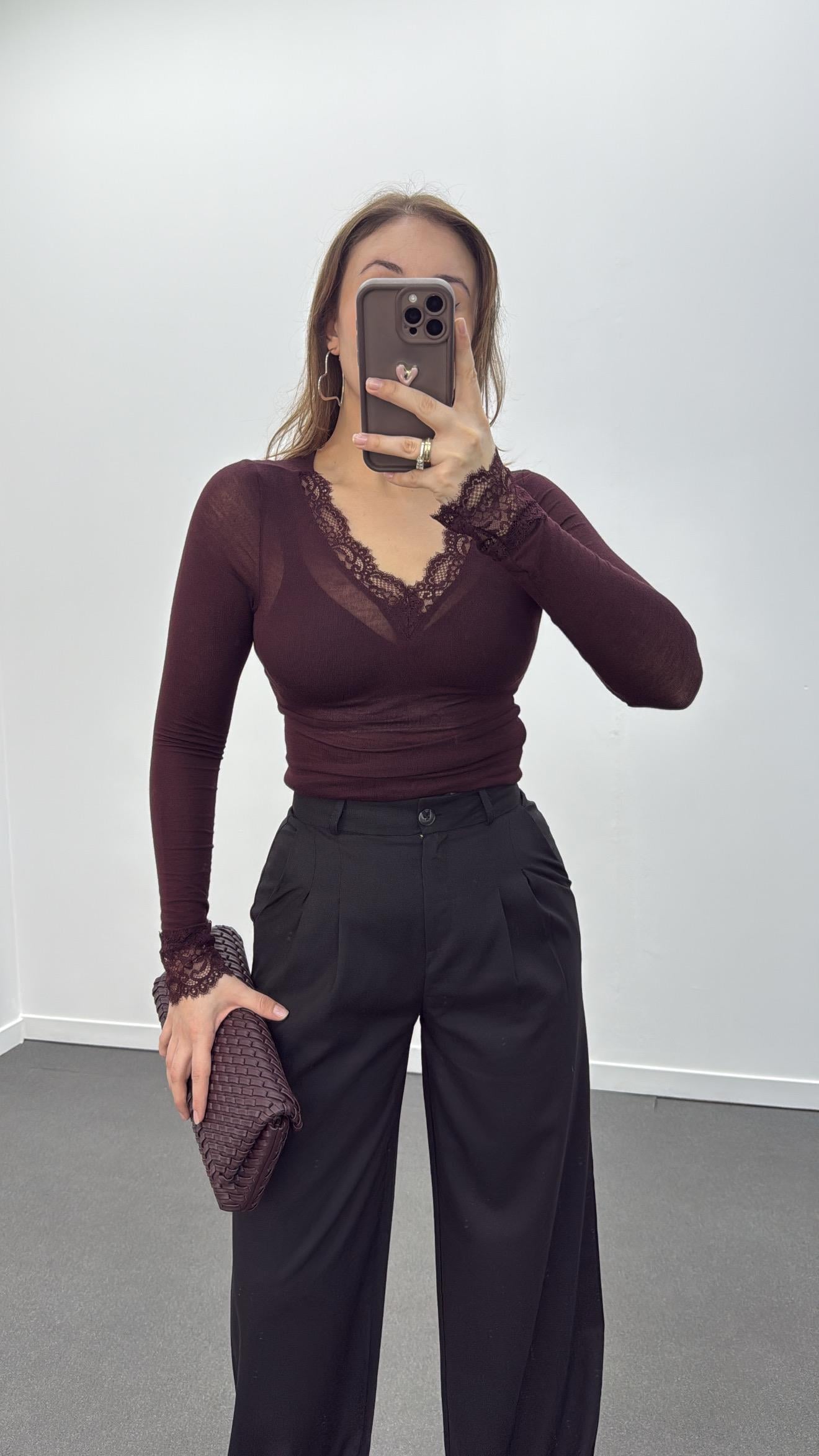 Shadow Bordo Dantel Detaylı Kaşmir Karışımlı Bluz