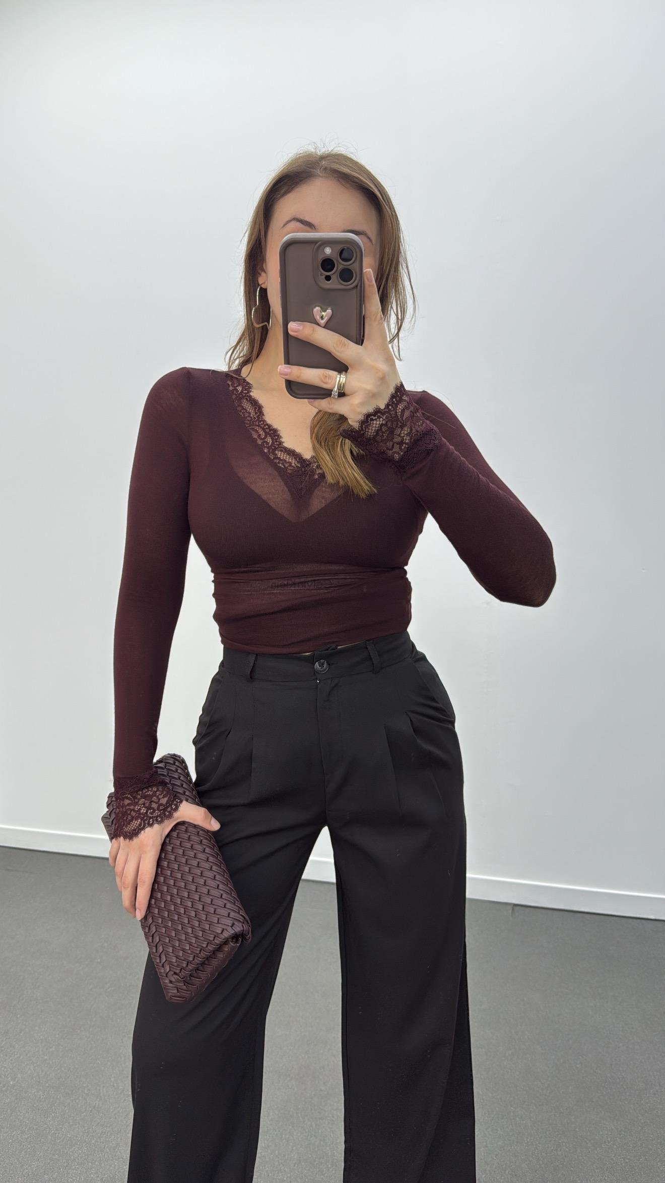 Shadow Bordo Dantel Detaylı Kaşmir Karışımlı Bluz