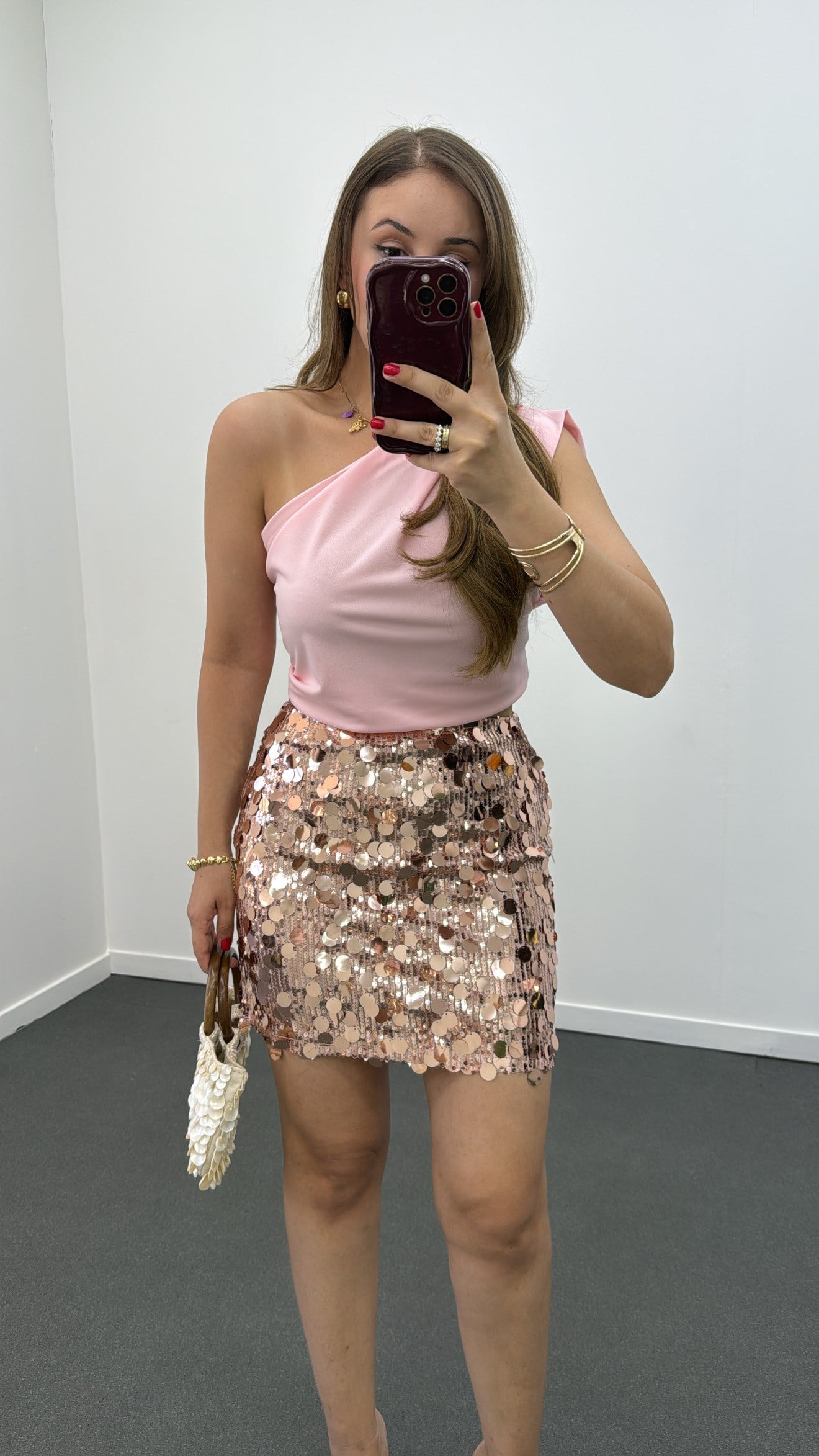 Shakira Açık Pembe Payetli Mini Etek