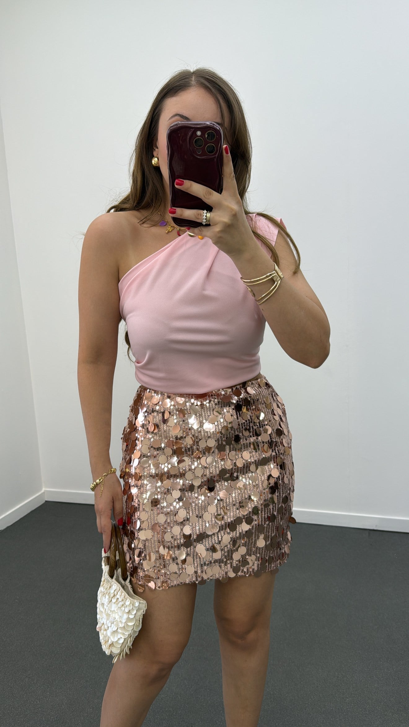 Shakira Açık Pembe Payetli Mini Etek