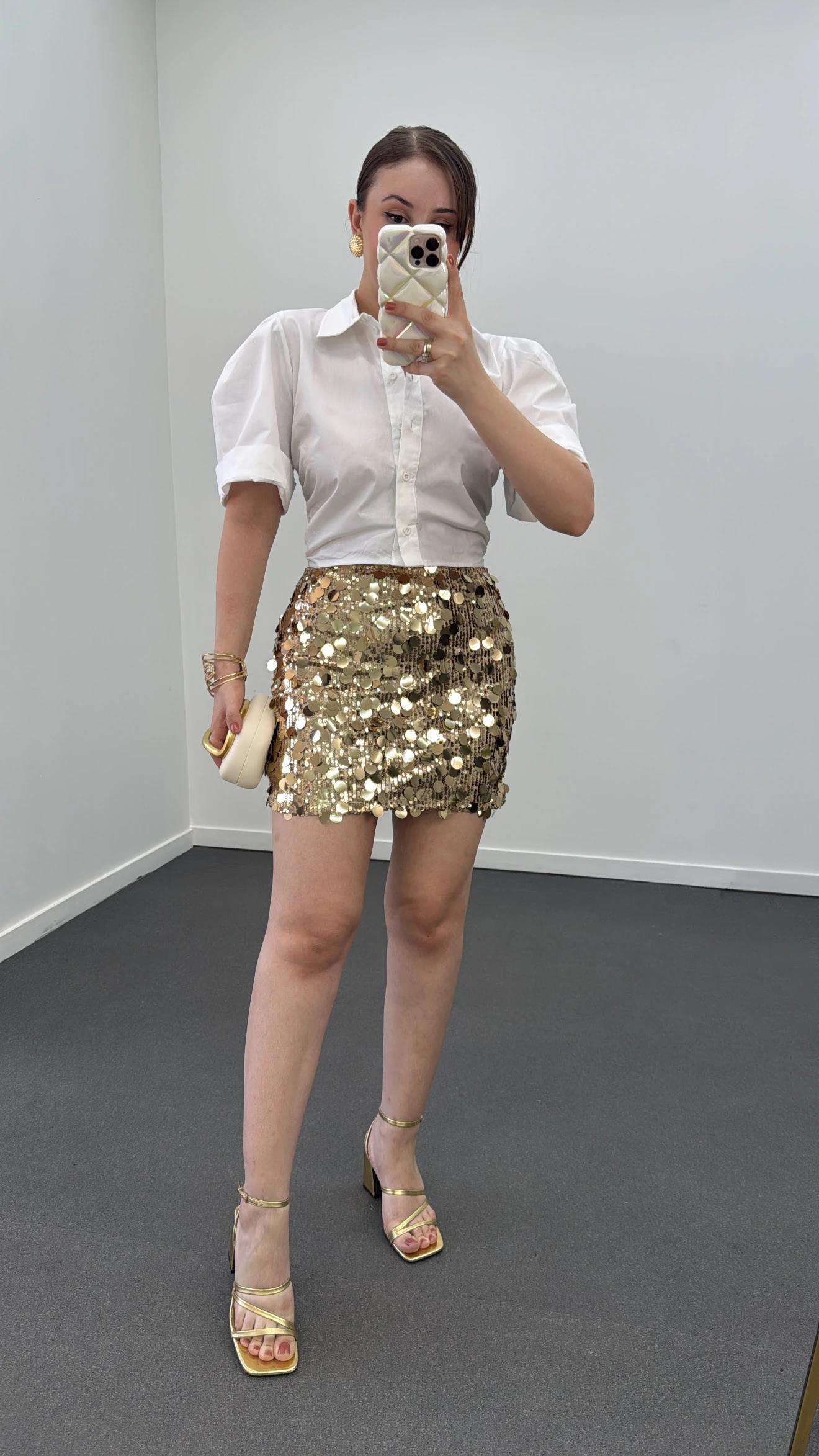 Shakira Gold Payetli Mini Etek