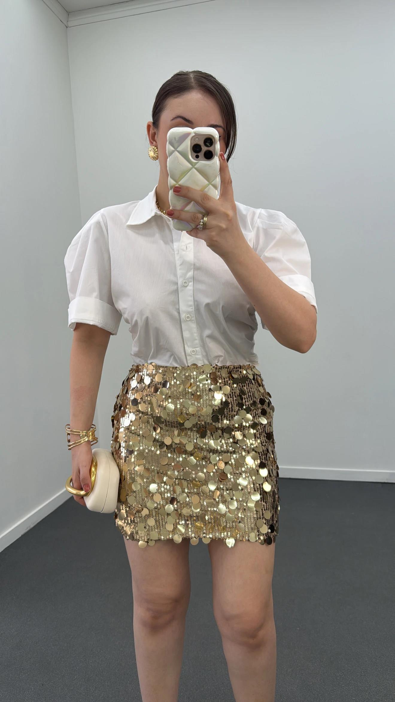 Shakira Gold Payetli Mini Etek