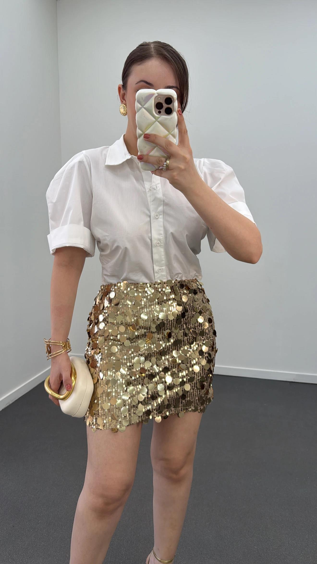 Shakira Gold Payetli Mini Etek