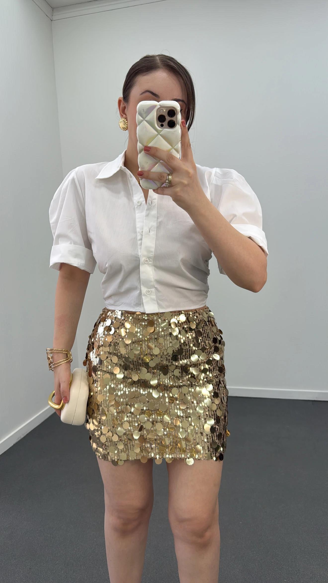 Shakira Gold Payetli Mini Etek