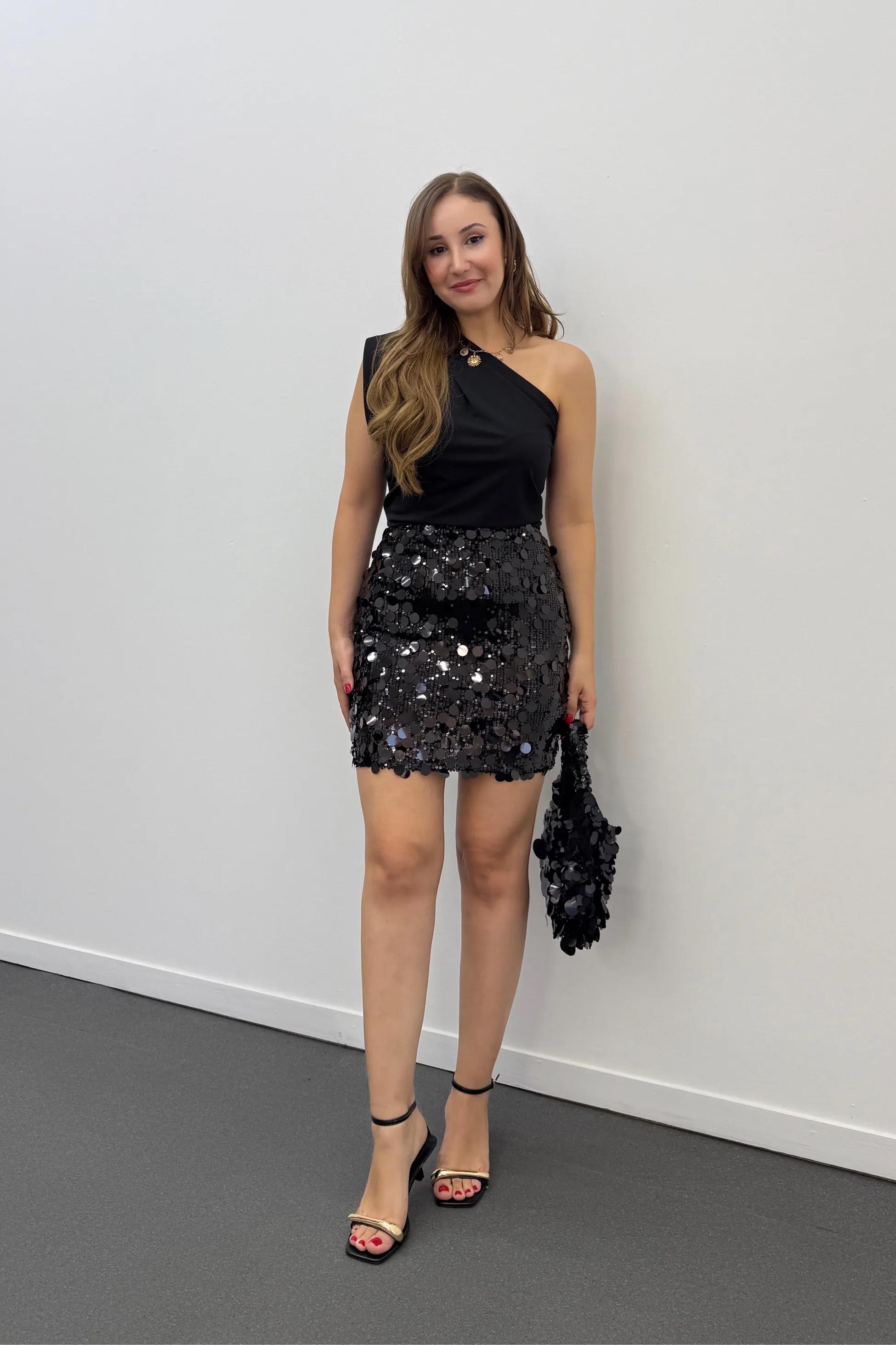 Shakira Siyah Payetli Mini Etek