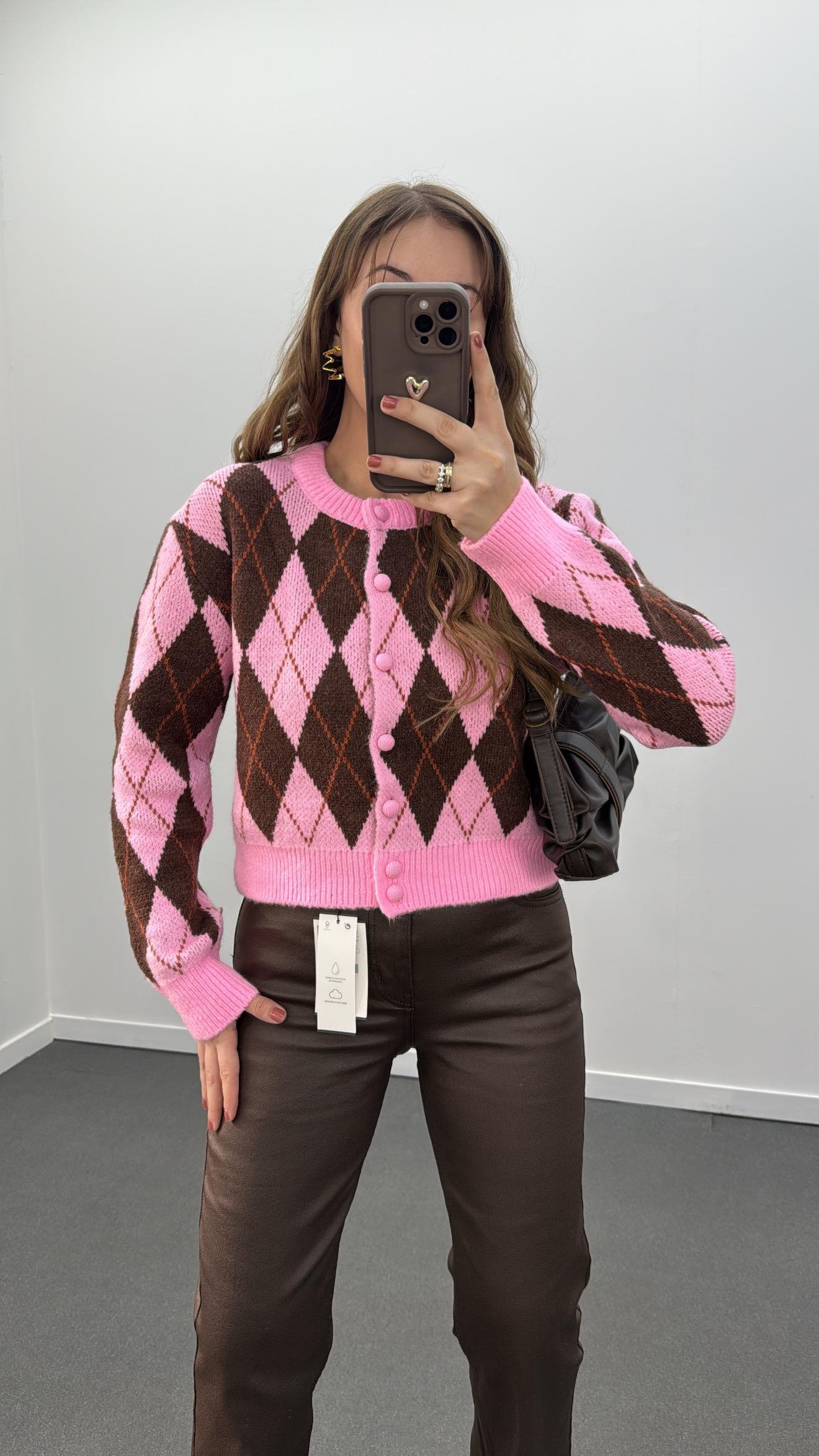 Shaya Pembe Kahve Ekose Desenli Hırka