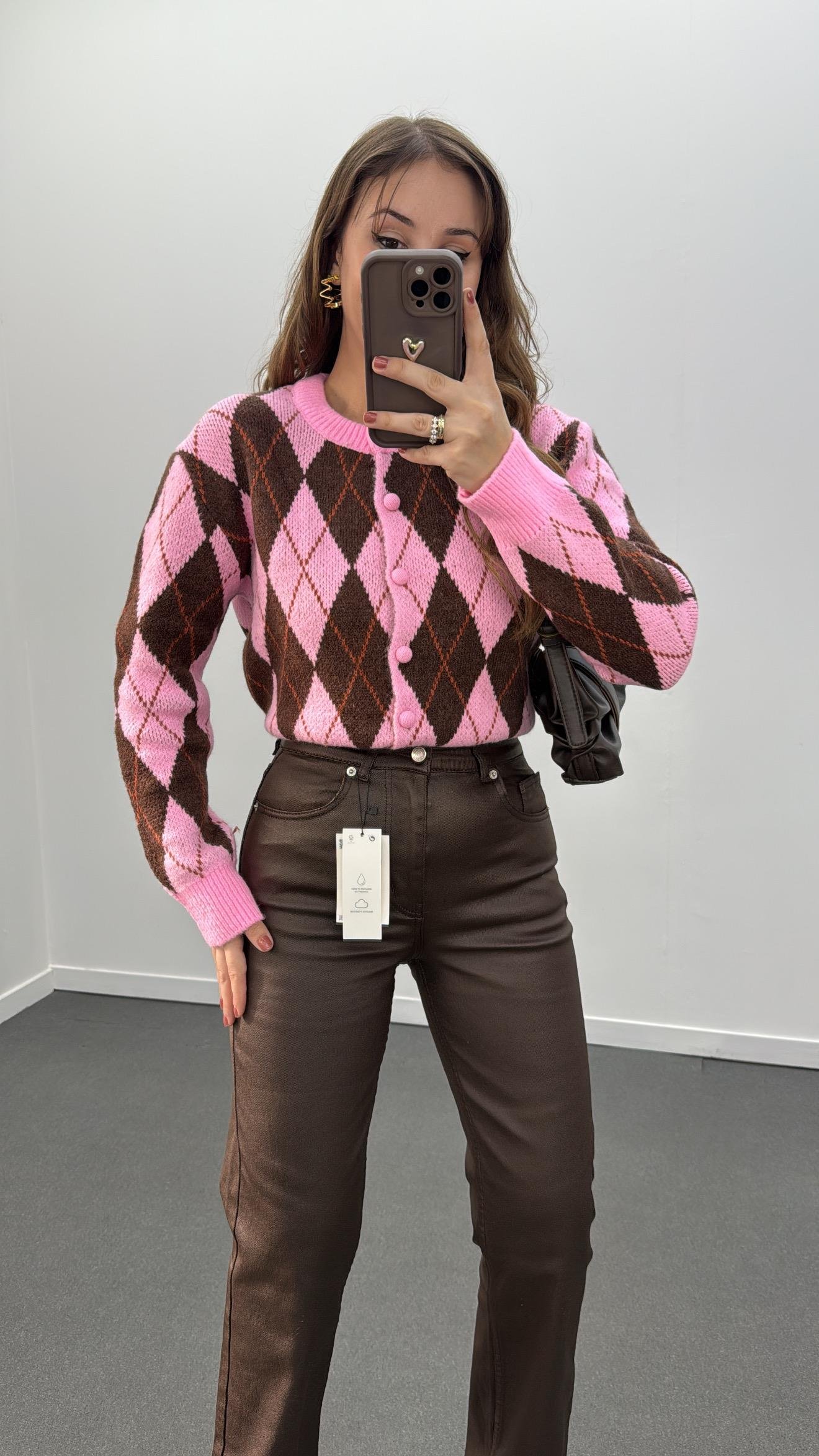 Shaya Pembe Kahve Ekose Desenli Hırka