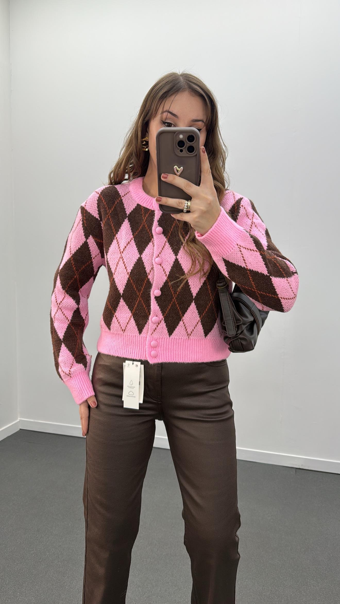 Shaya Pembe Kahve Ekose Desenli Hırka