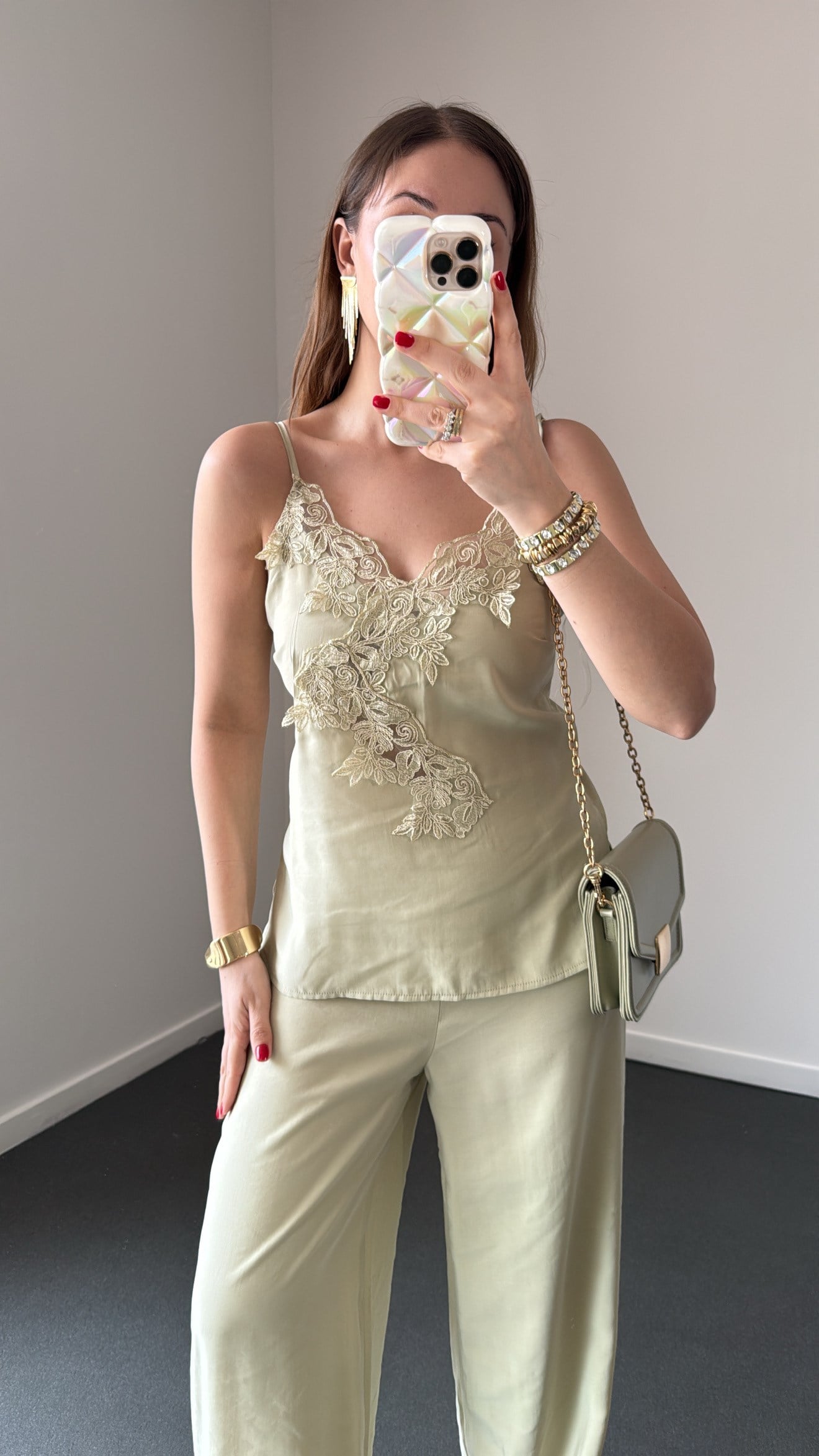 Shebnem Açık Yeşil Modal Dantelli Bluz Ve Pantolon Takımı