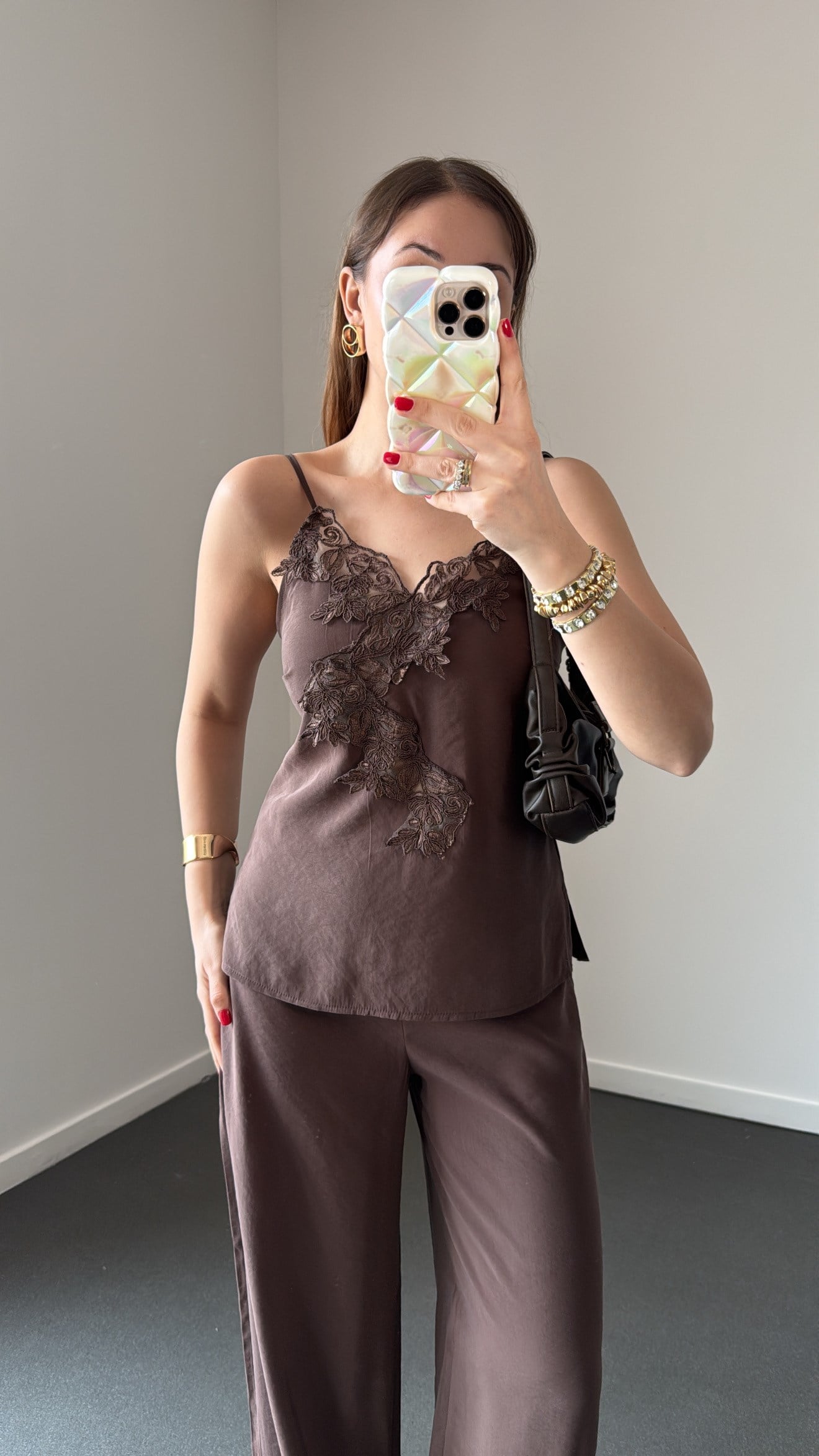 Shebnem Kahve Modal Dantelli Bluz Ve Pantolon Takımı