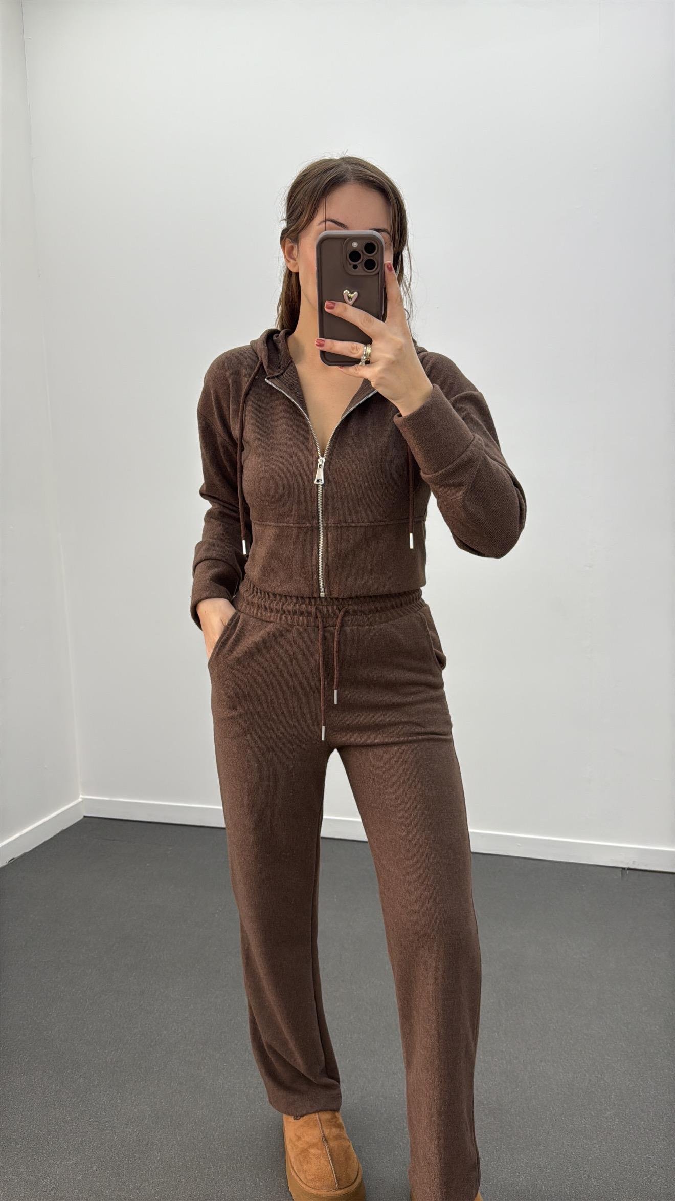 Sheila Kahverengi Selanik Crop Hırka Ve Eşofman Takımı