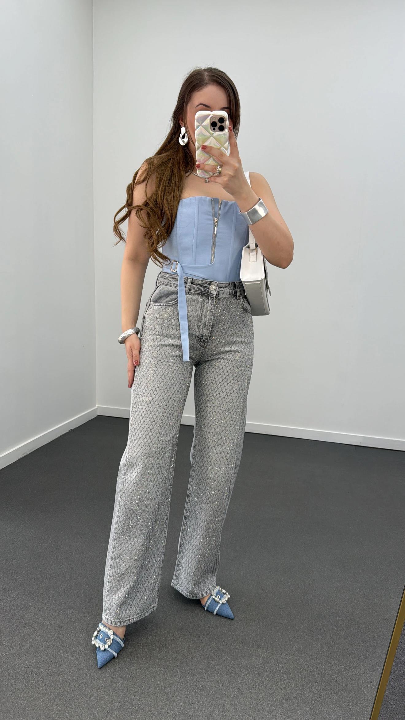 Shine Gri Renk Taş İşlemeli Straight Fit Jeans