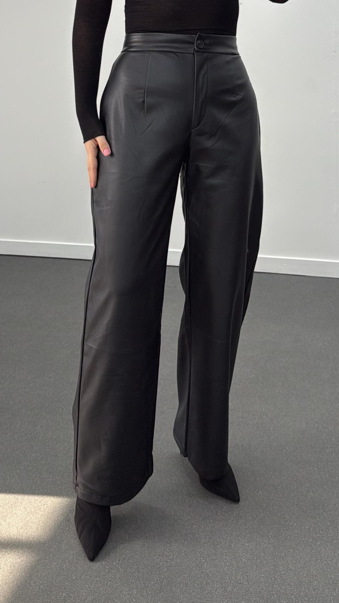 Silvia Siyah Deri Palazzo Pantolon