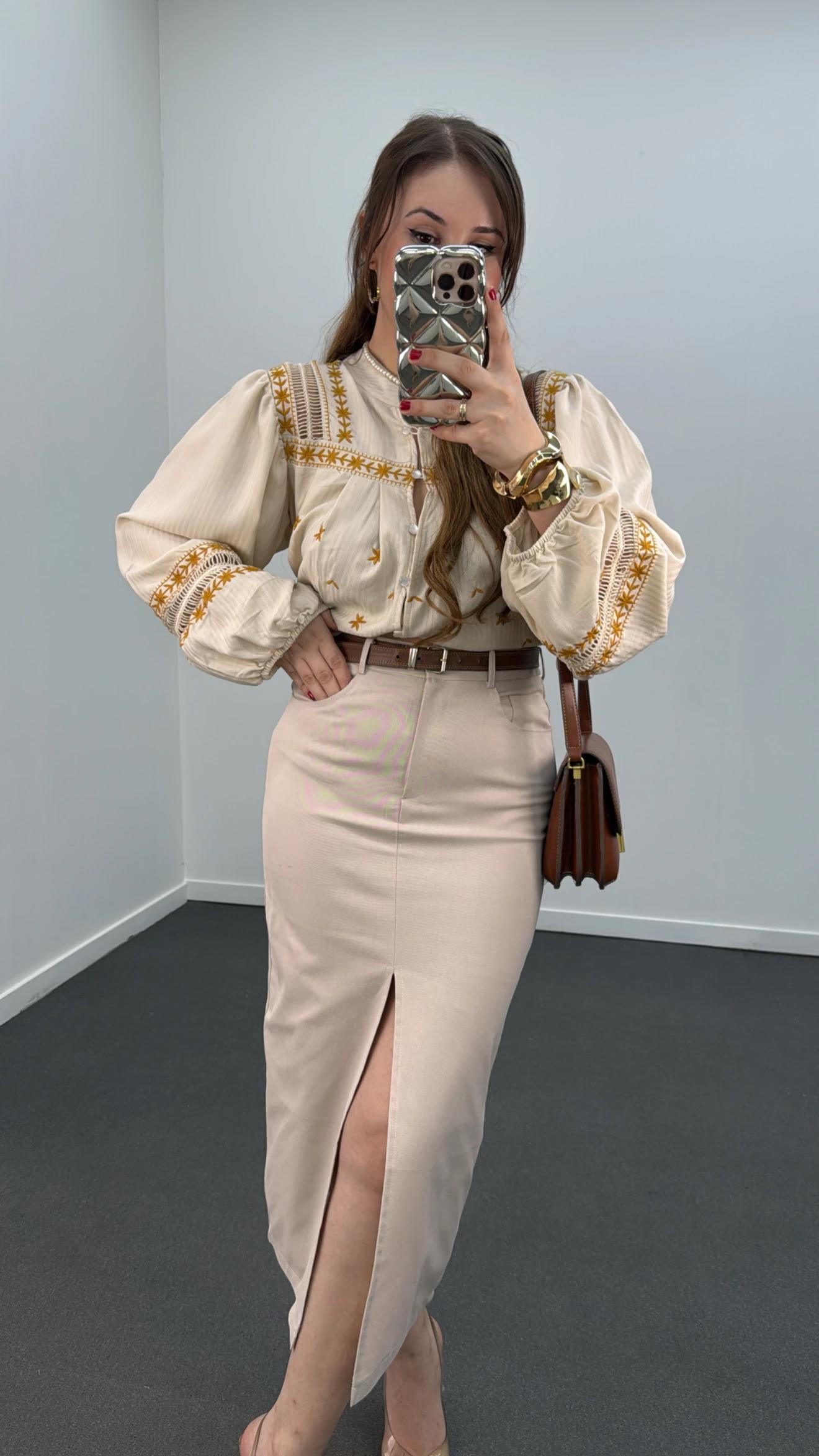 Simya Krem Kot Görünümlü Midi Kalem Etek