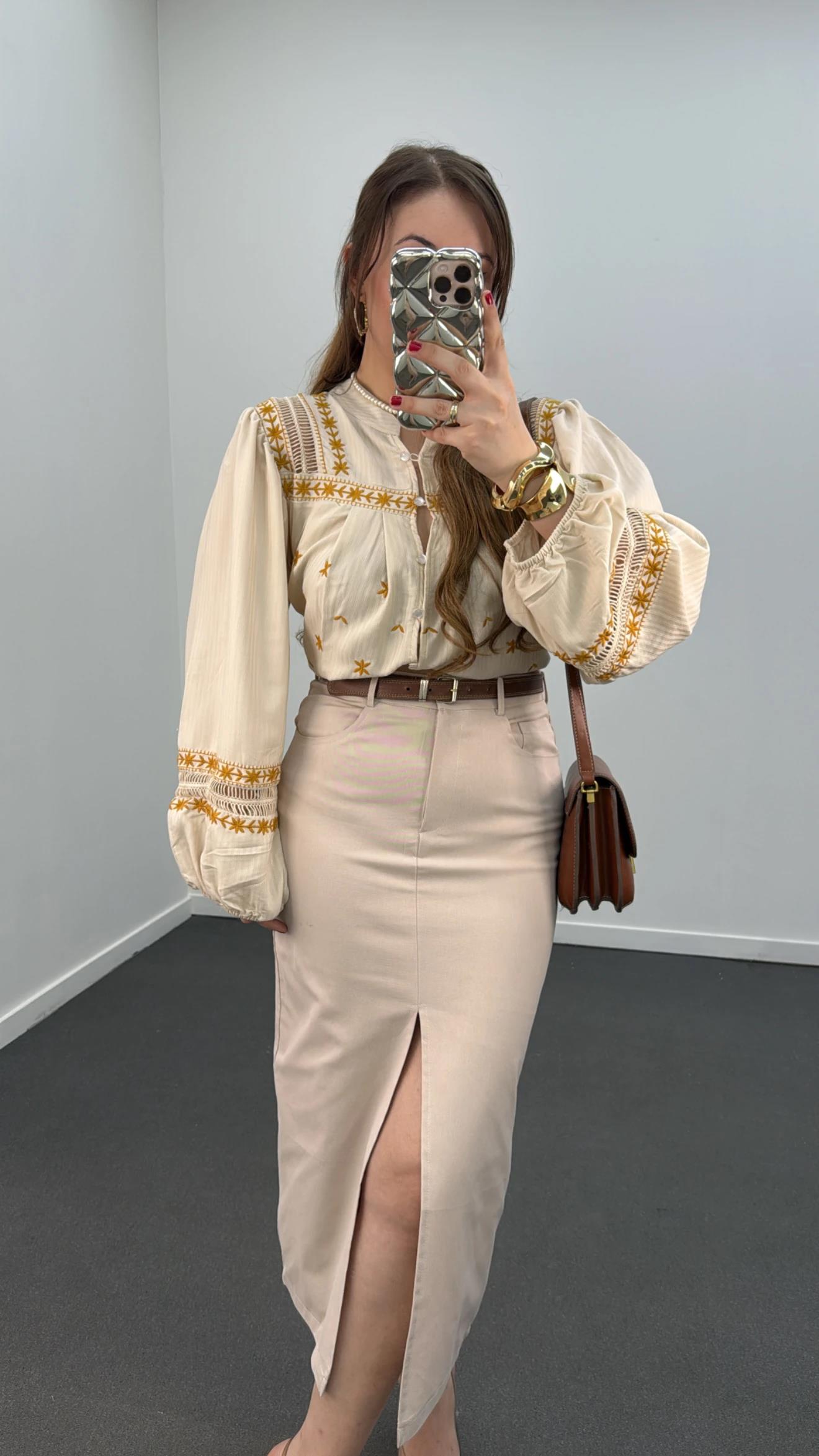 Simya Krem Kot Görünümlü Midi Kalem Etek