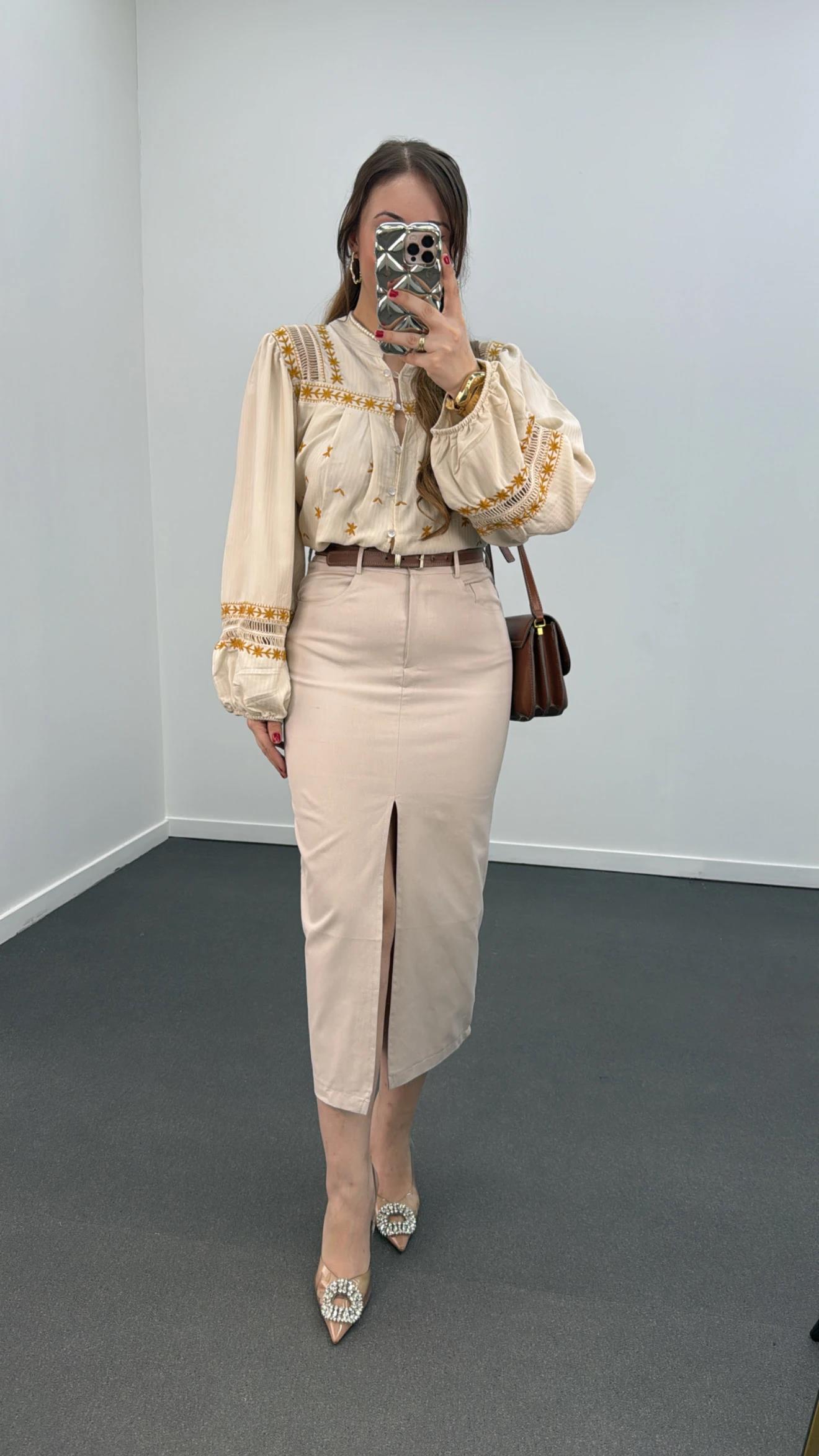 Simya Krem Kot Görünümlü Midi Kalem Etek