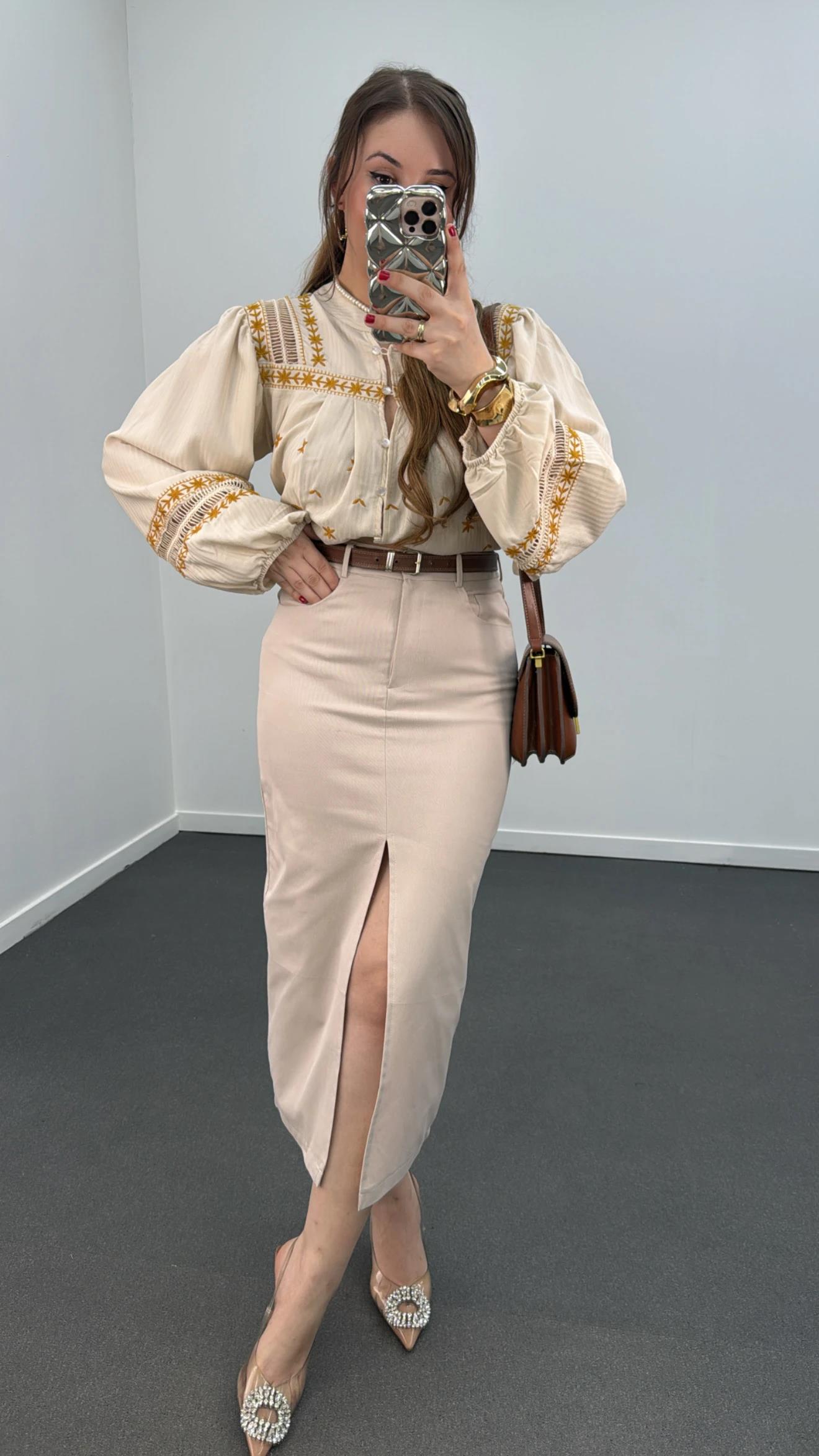 Simya Krem Kot Görünümlü Midi Kalem Etek