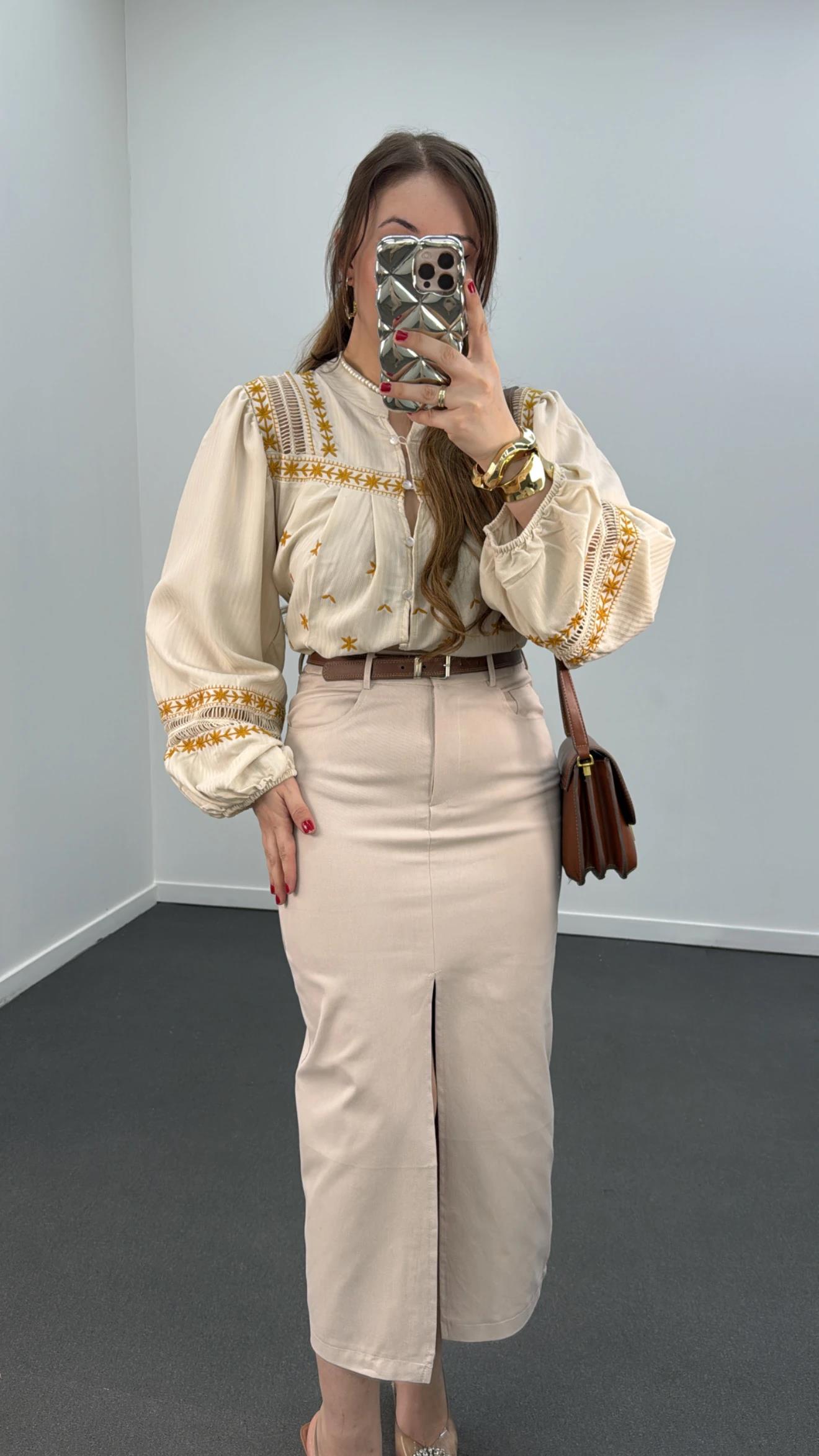 Simya Krem Kot Görünümlü Midi Kalem Etek