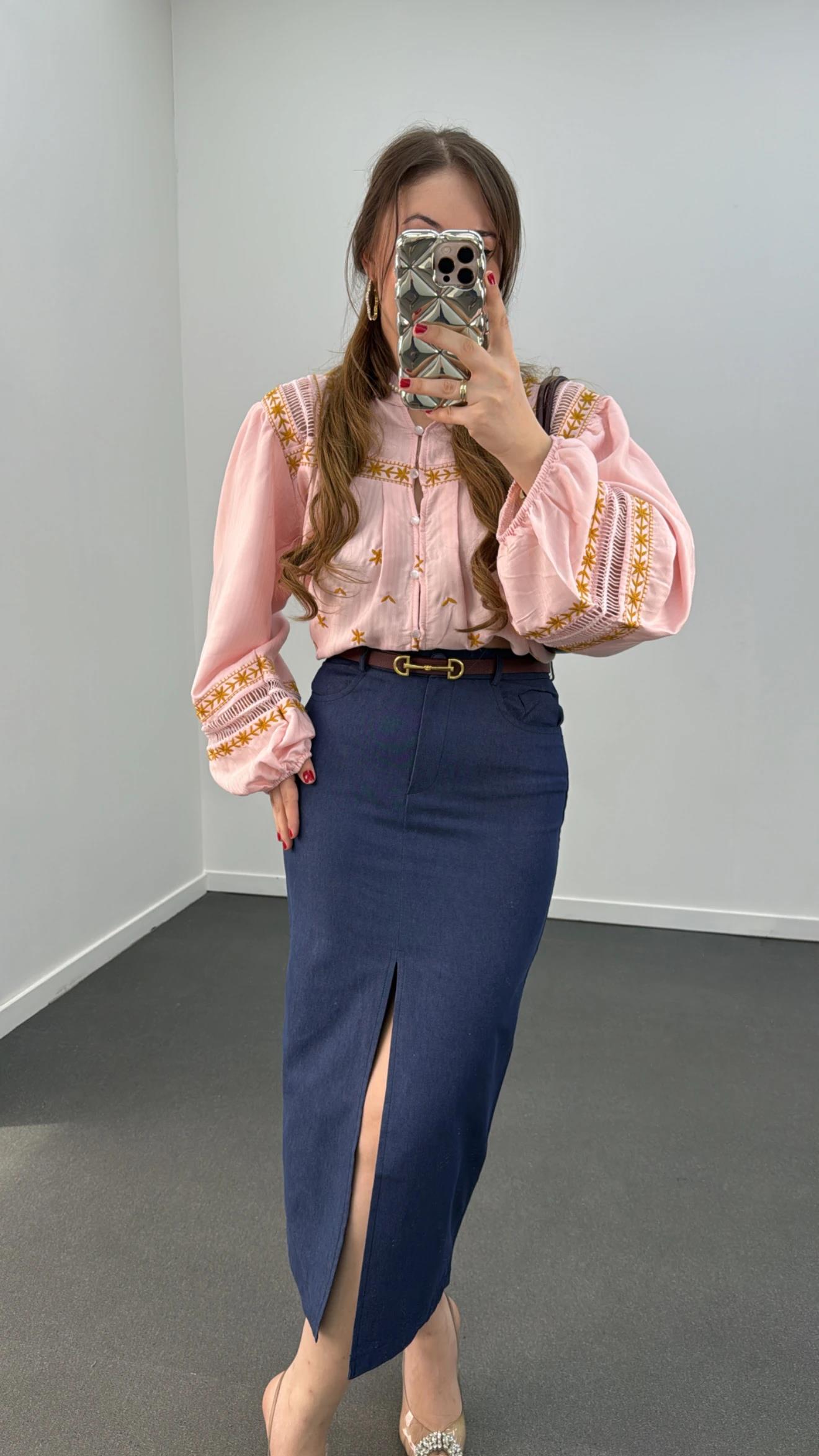 Simya Lacivert Kot Görünümlü Midi Kalem Etek