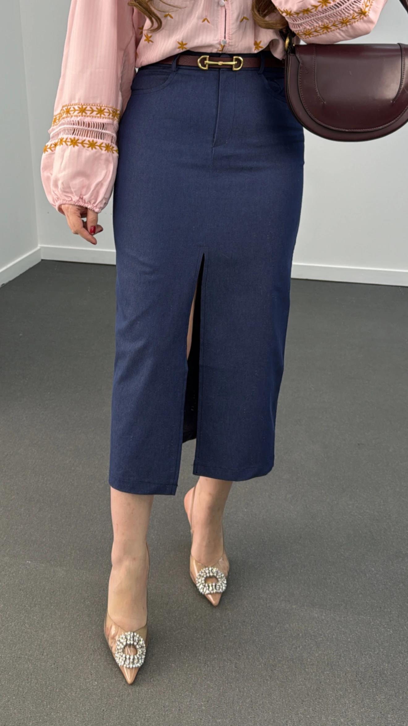 Simya Lacivert Kot Görünümlü Midi Kalem Etek