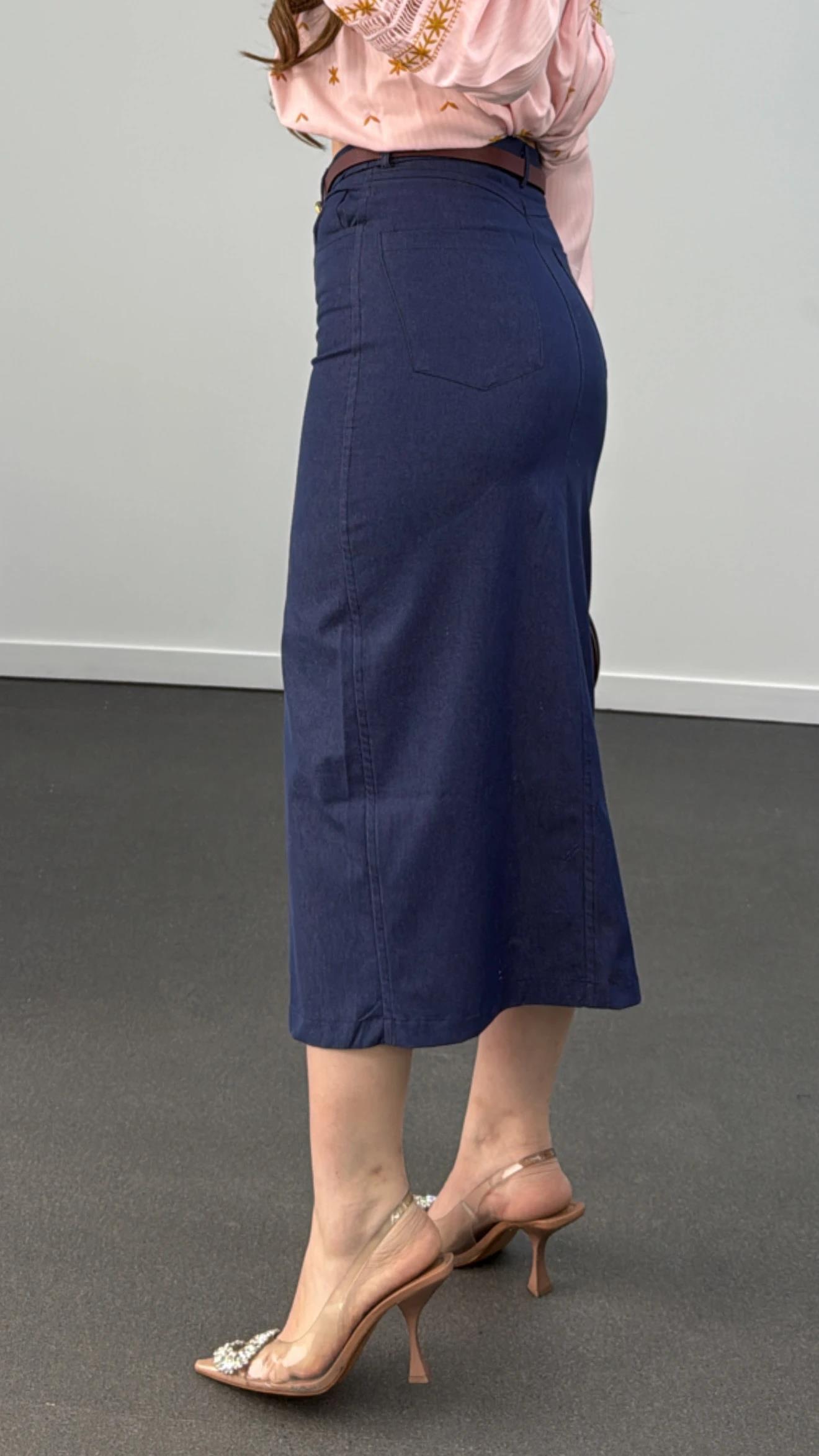 Simya Lacivert Kot Görünümlü Midi Kalem Etek