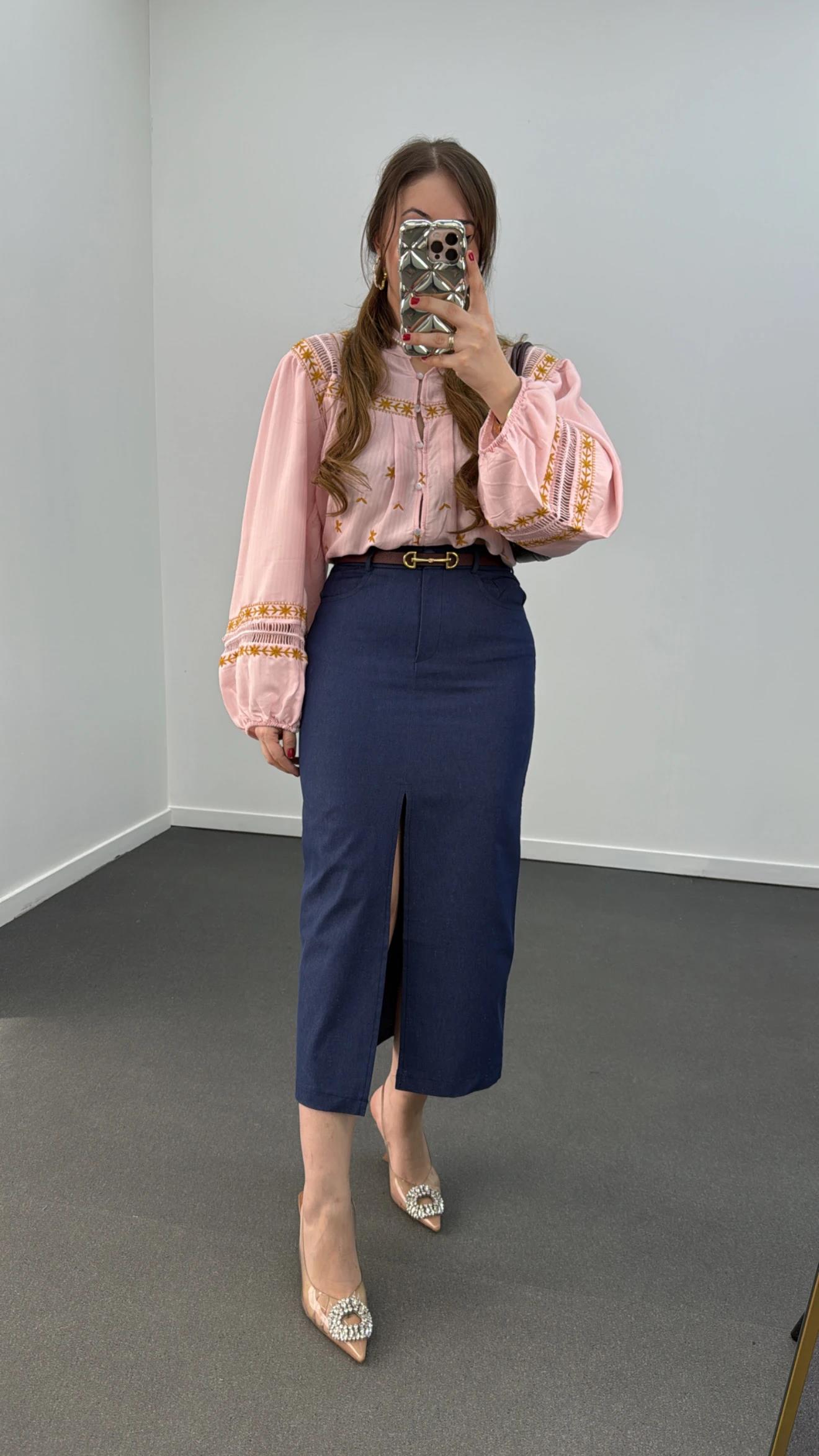 Simya Lacivert Kot Görünümlü Midi Kalem Etek