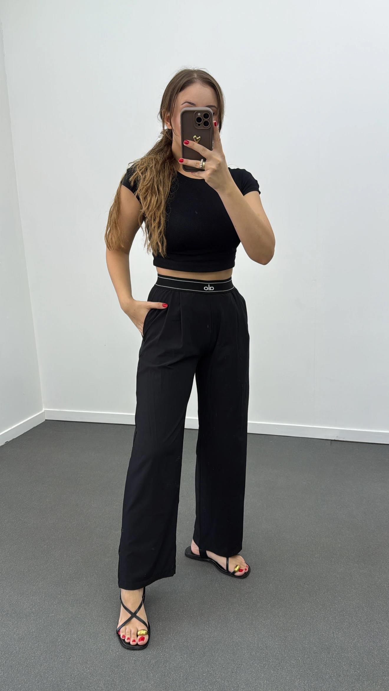 Siyah Beli Çizgili Lastikli Palazzo Pantolon